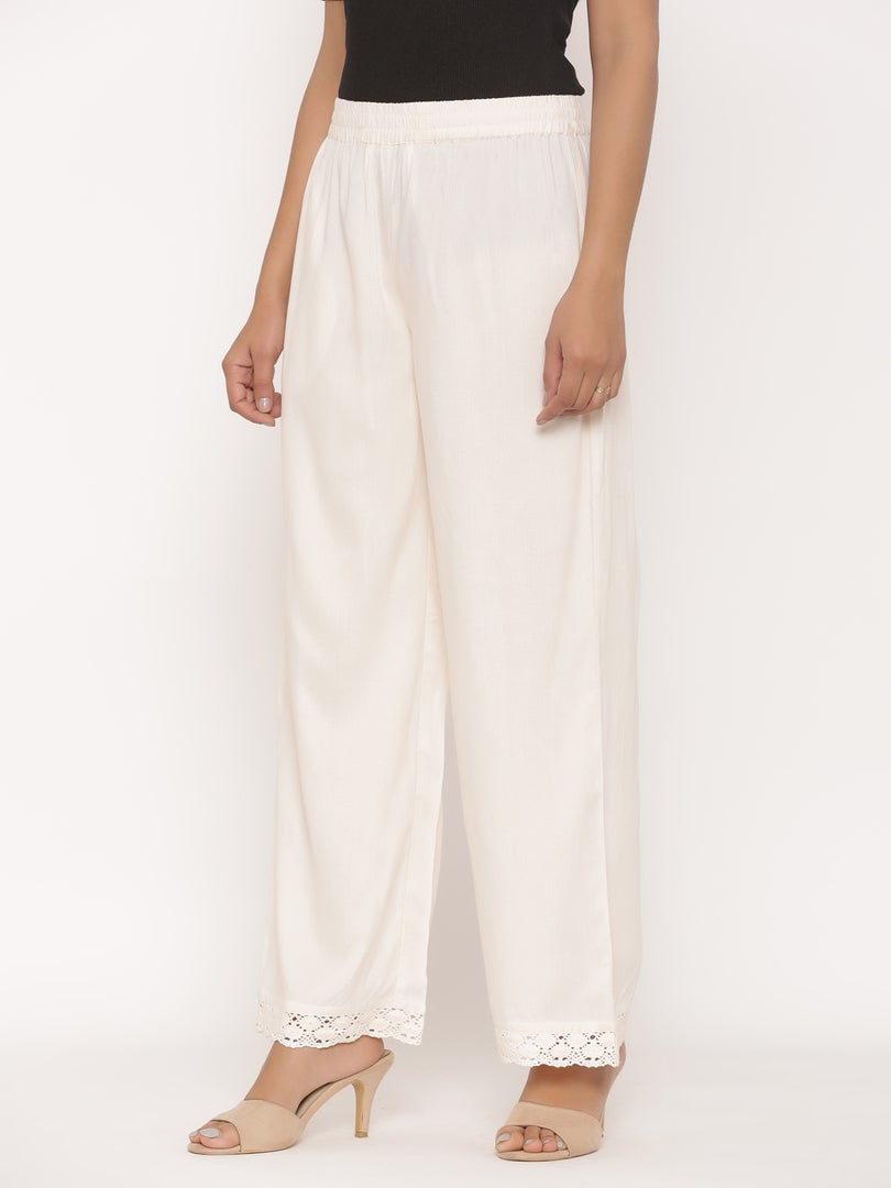 Juniper Ivory Solid Rayon Wide Leg Women Palazzo With One Pocket