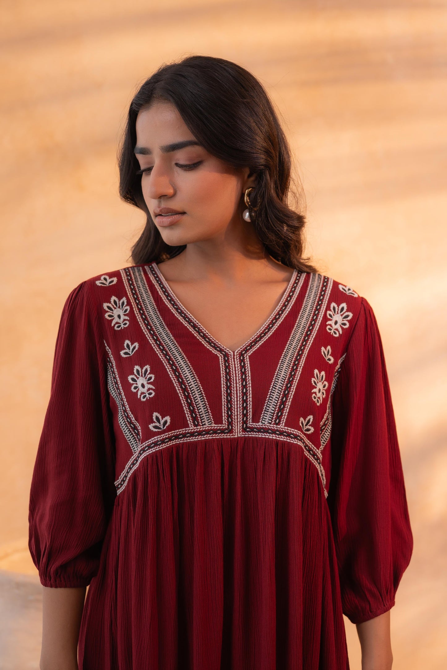 Maroon Nomad Embroidered Boho Dress