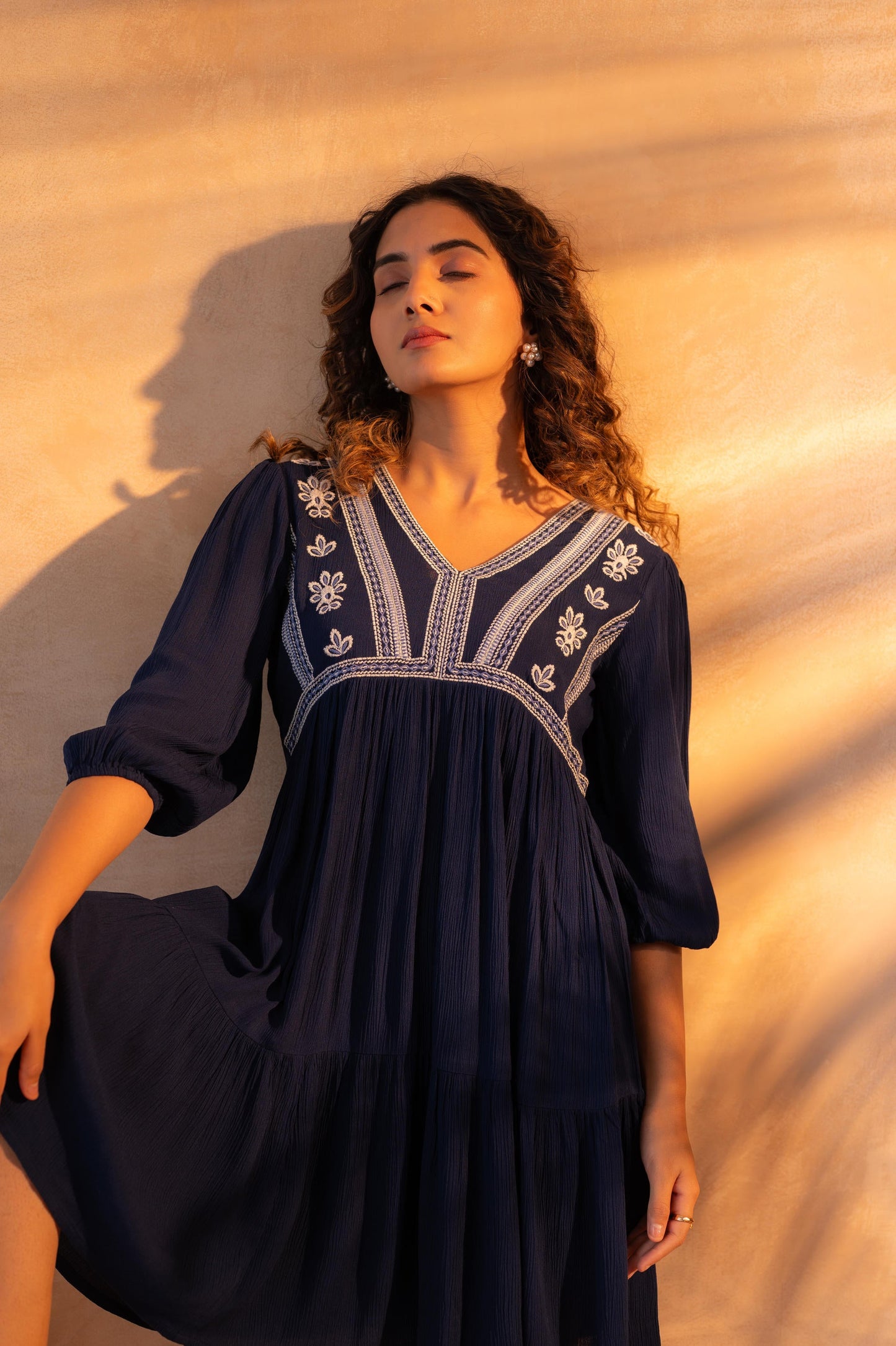 Navy Nomad Embroidered Boho Dress