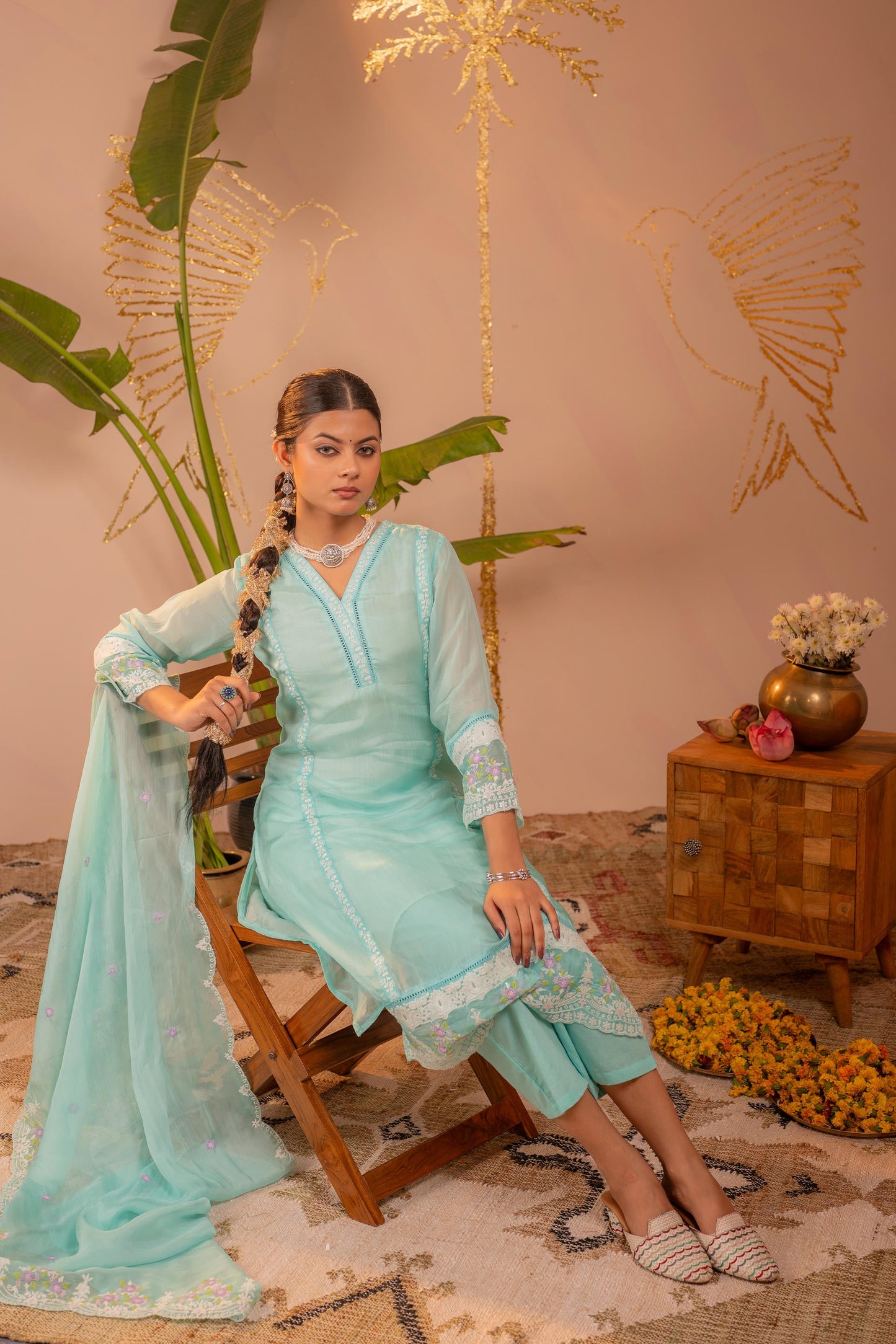 Sky Blue Kurta Set with Floral Lace Borders