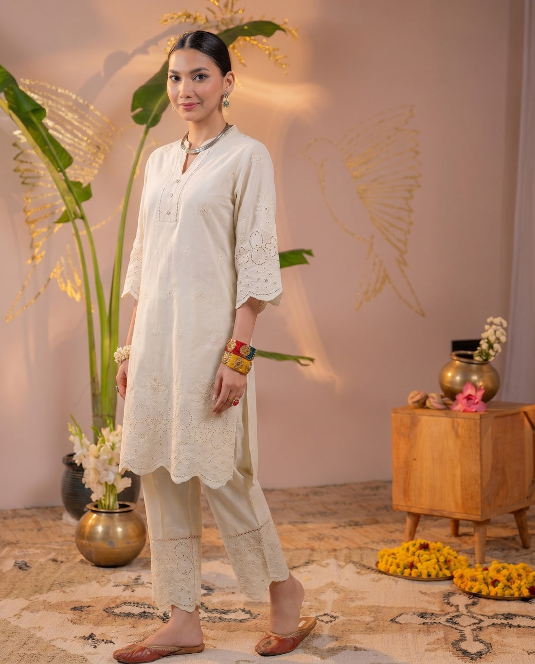 Camel Dune Tonal Schiffli Kurta Set