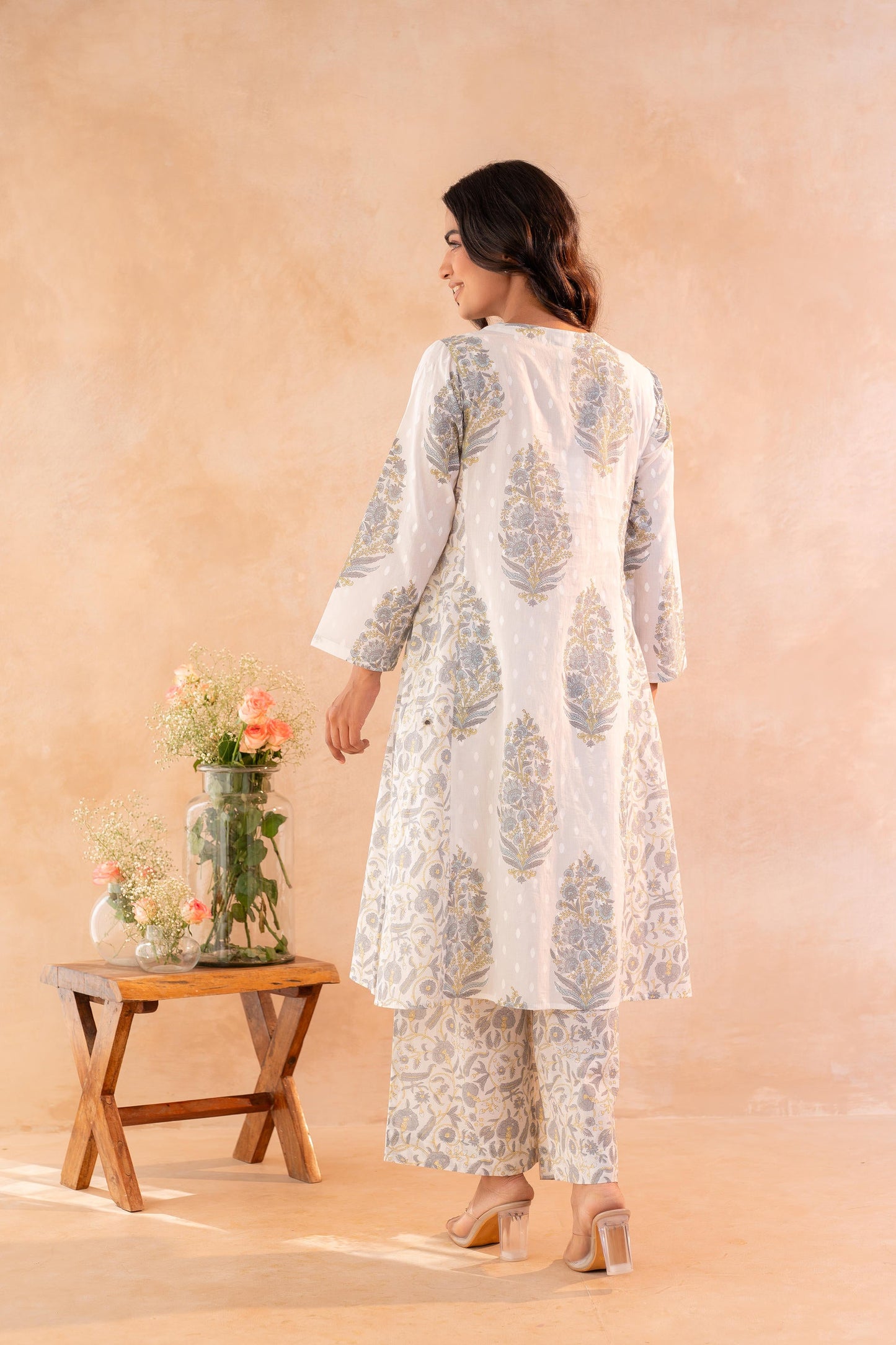 Ivory Aqua Floral Printed A-Line Kurta Set with Coordinated Dupatta