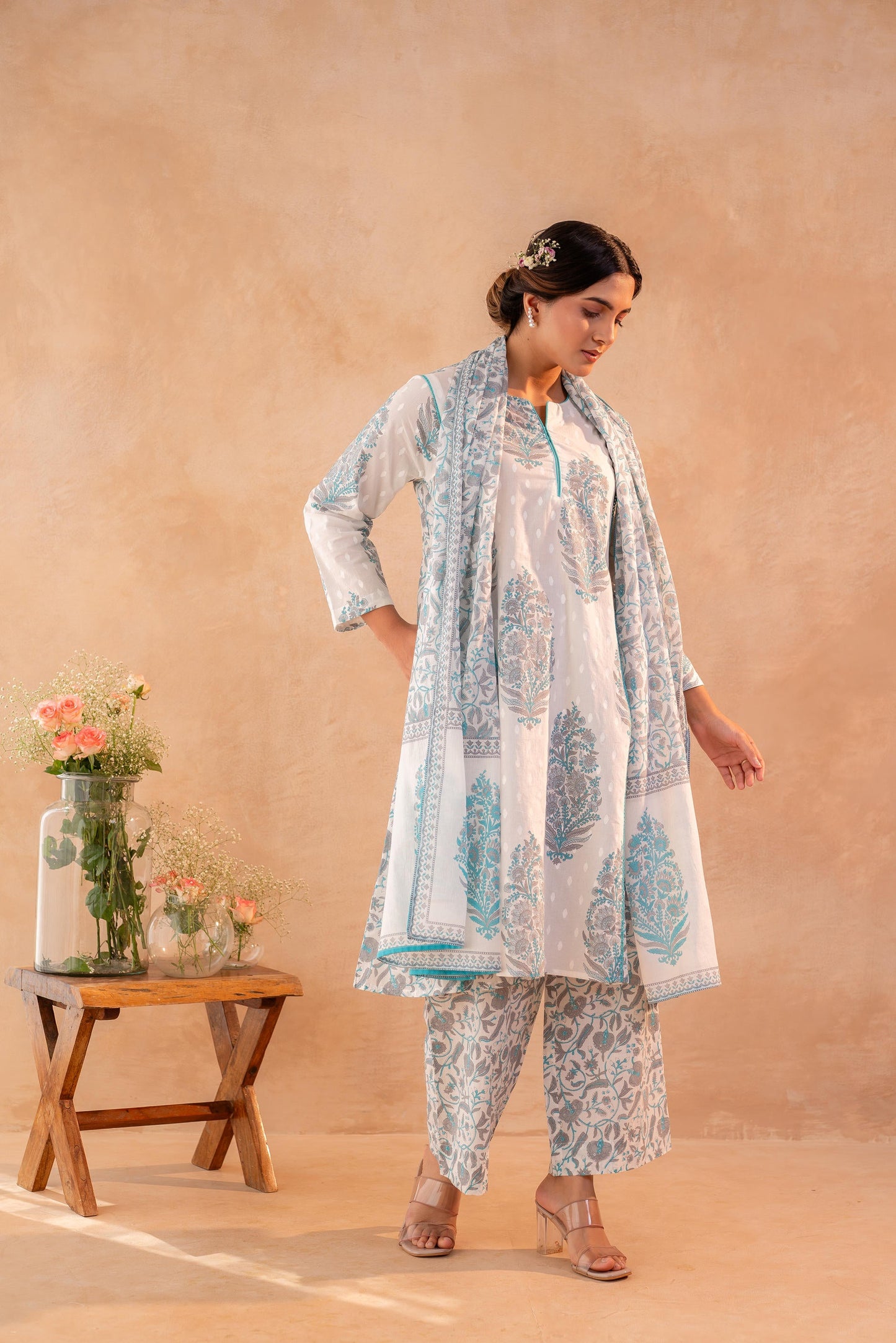 Ivory Aqua Floral Printed A-Line Kurta Set with Coordinated Dupatta
