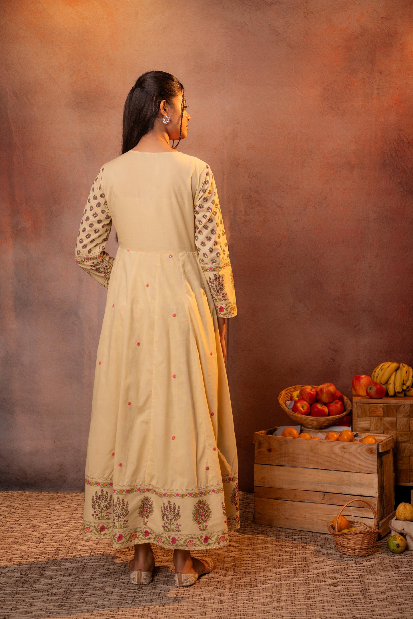 Buttercream Yellow Floral Printed Anarkali Slit Dress