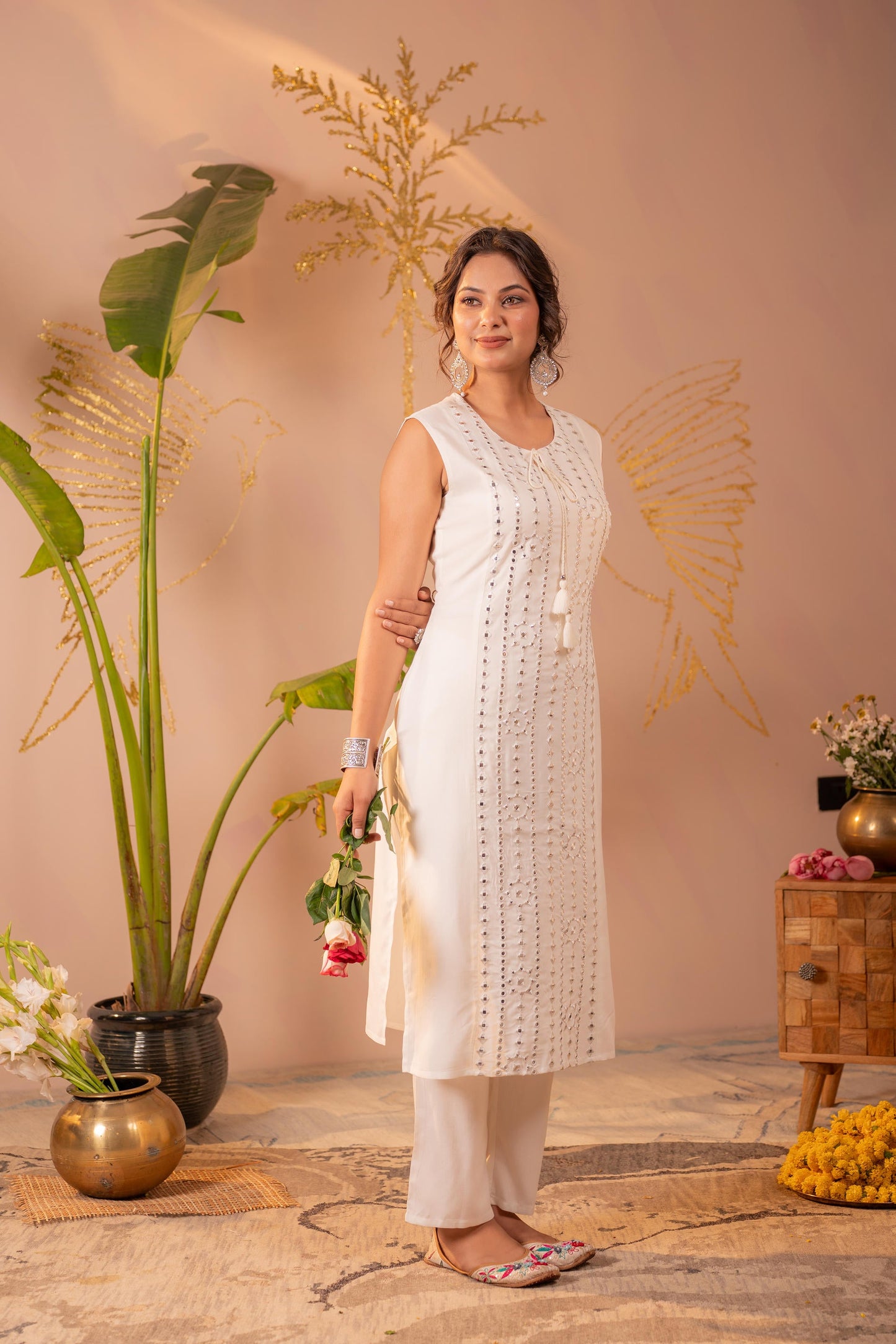 White Viscose Kurta Pant Set