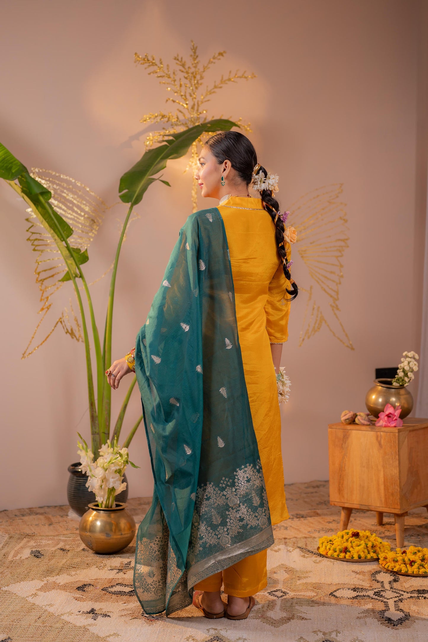 Mustard Kurta Set with Forest Green Gold Buti Dupatta