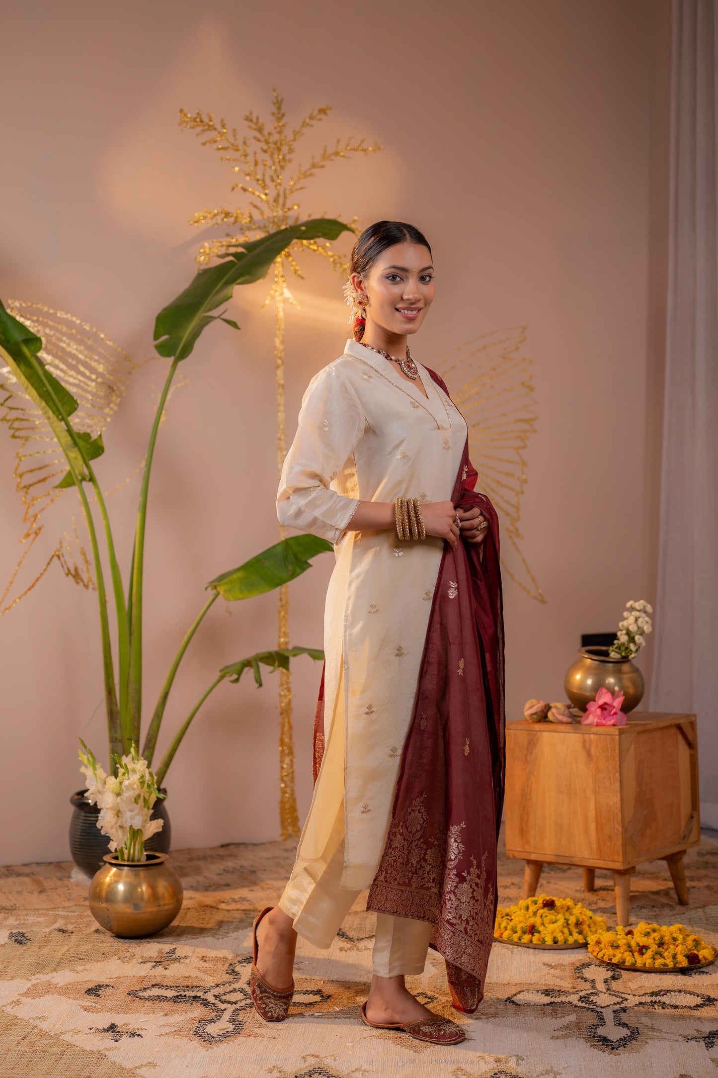 Off-White Kurta Set with Maroon Gold Buti Dupatta