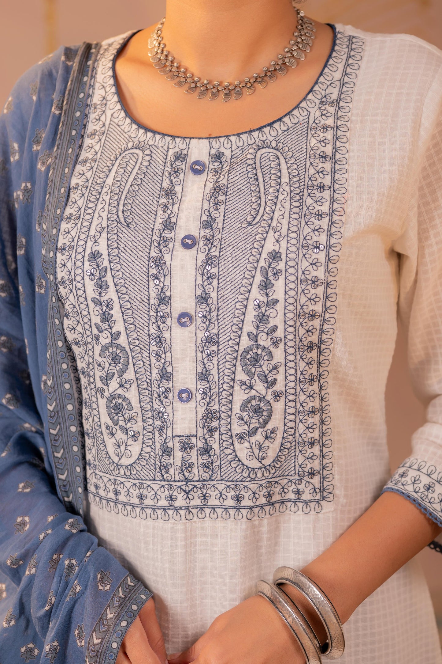 White Embroidered Straight Kurta Set with Blue Printed Dupatta