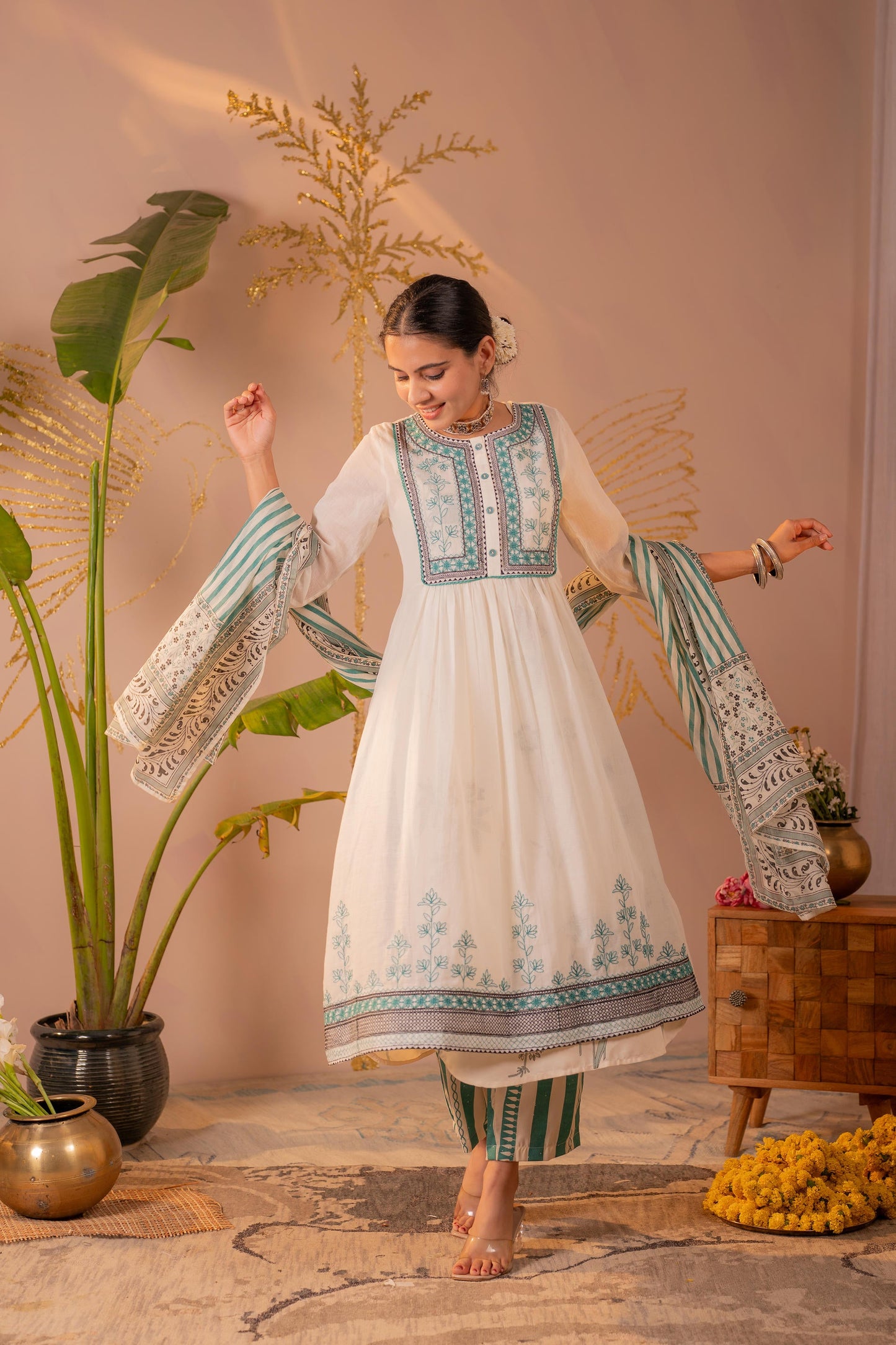 Ivory & Teal Embroidered Anarkali Kurta Set with Striped Dupatta