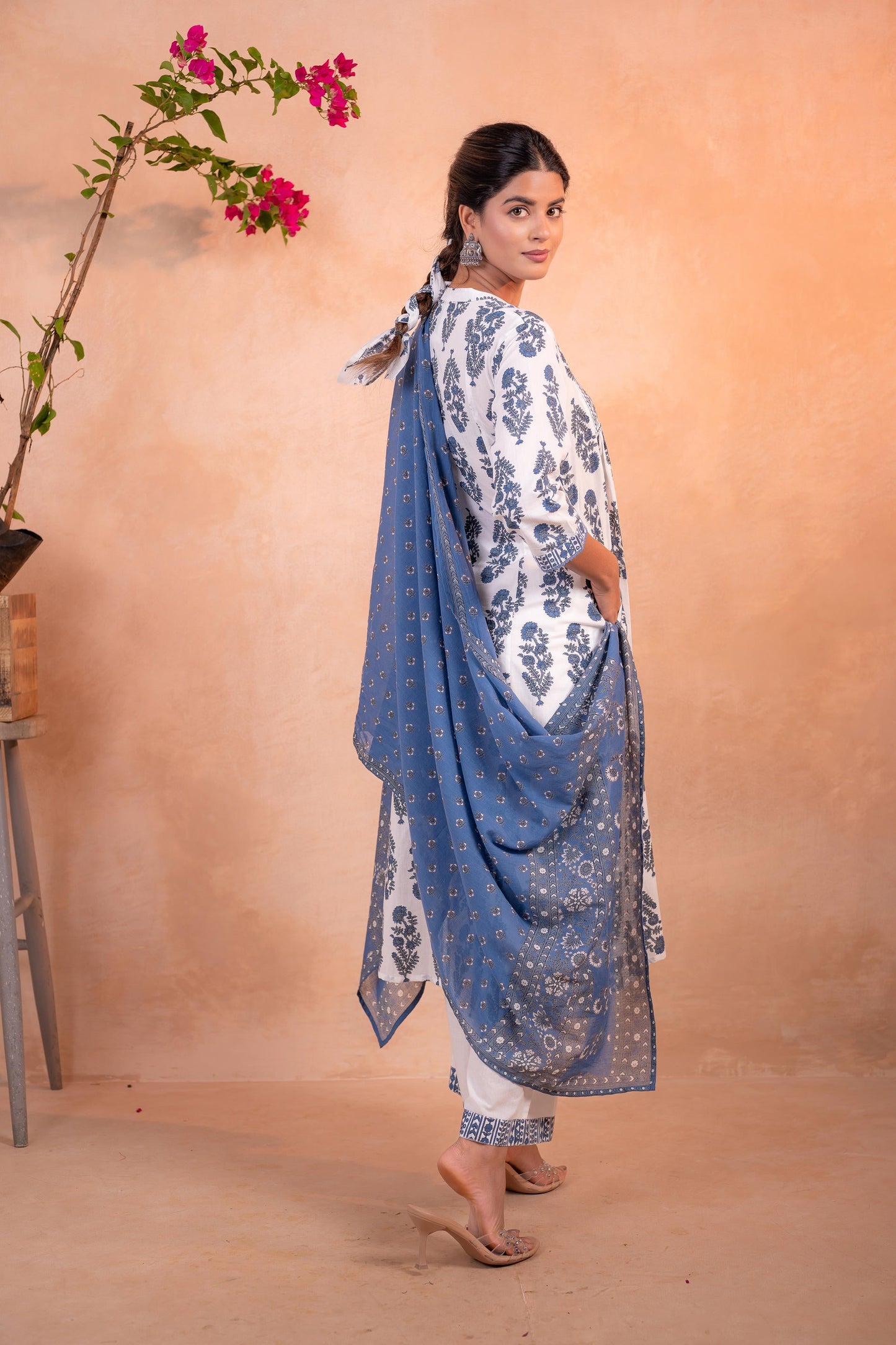 Ivory & Indigo Floral Printed Anarkali Kurta Set with Coordinated Dupatta