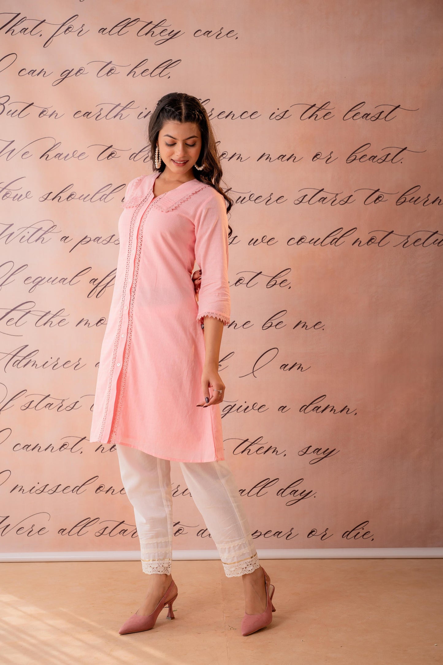 BabyPink Lace-Detailed Kurta