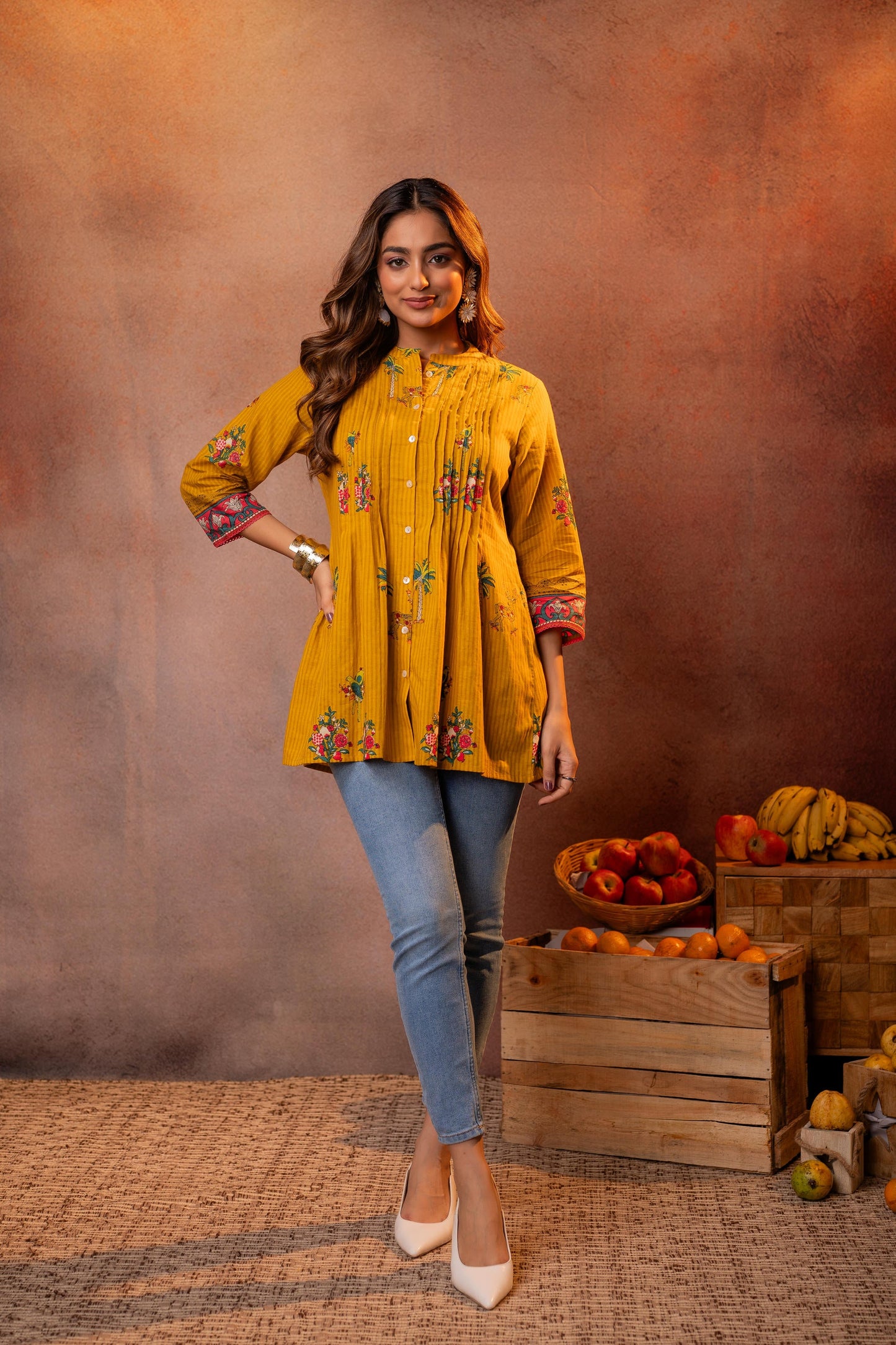 Mustard Palm Pintuck Tunic