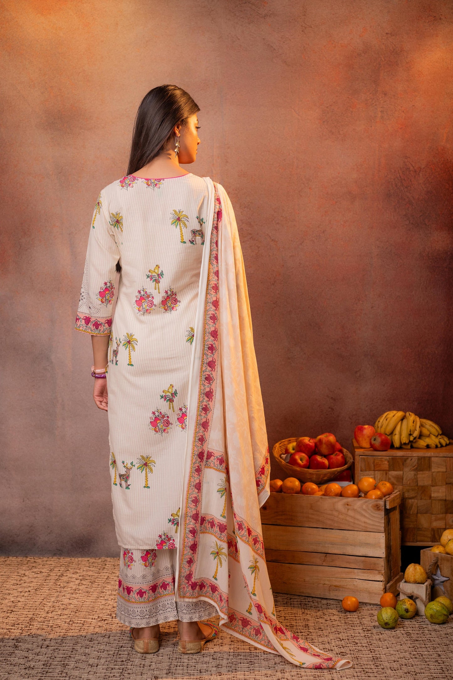 Elegant Beige Floral Straight Kurta Set with Dupatta