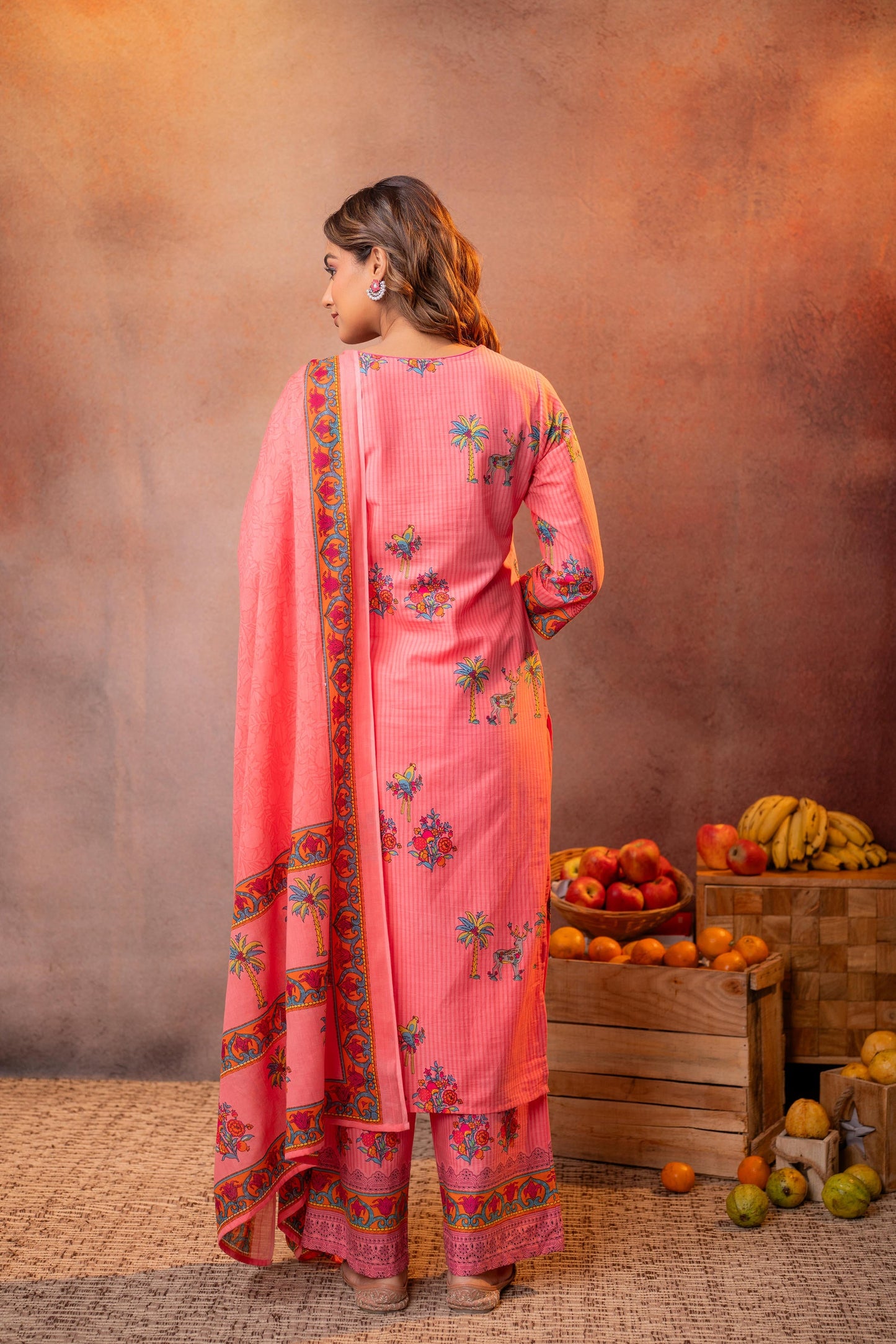 Elegant Coral Floral Straight Kurta Set with Dupatta