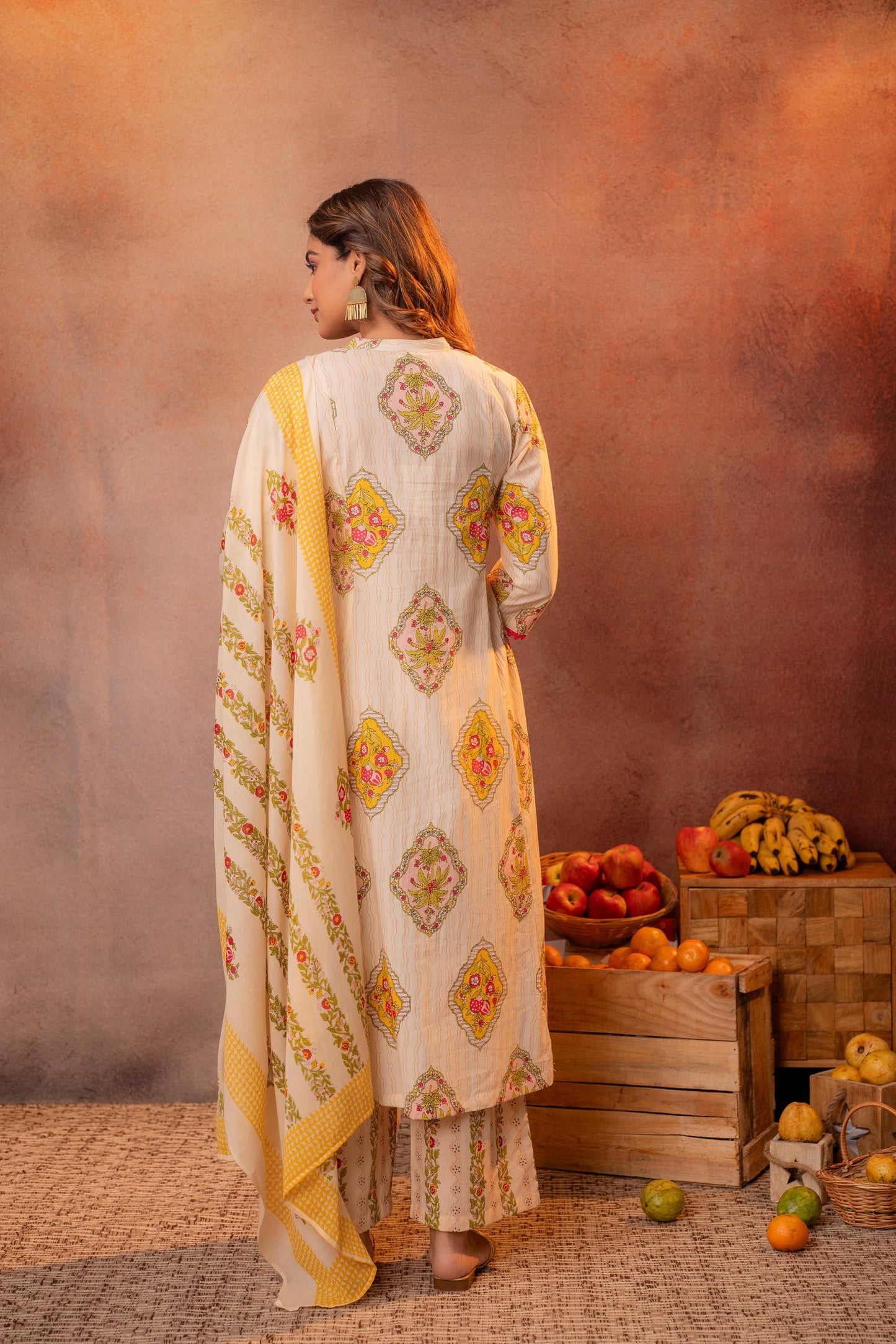 Graceful Beige Floral Anarkali Kurta Set with Dupatta