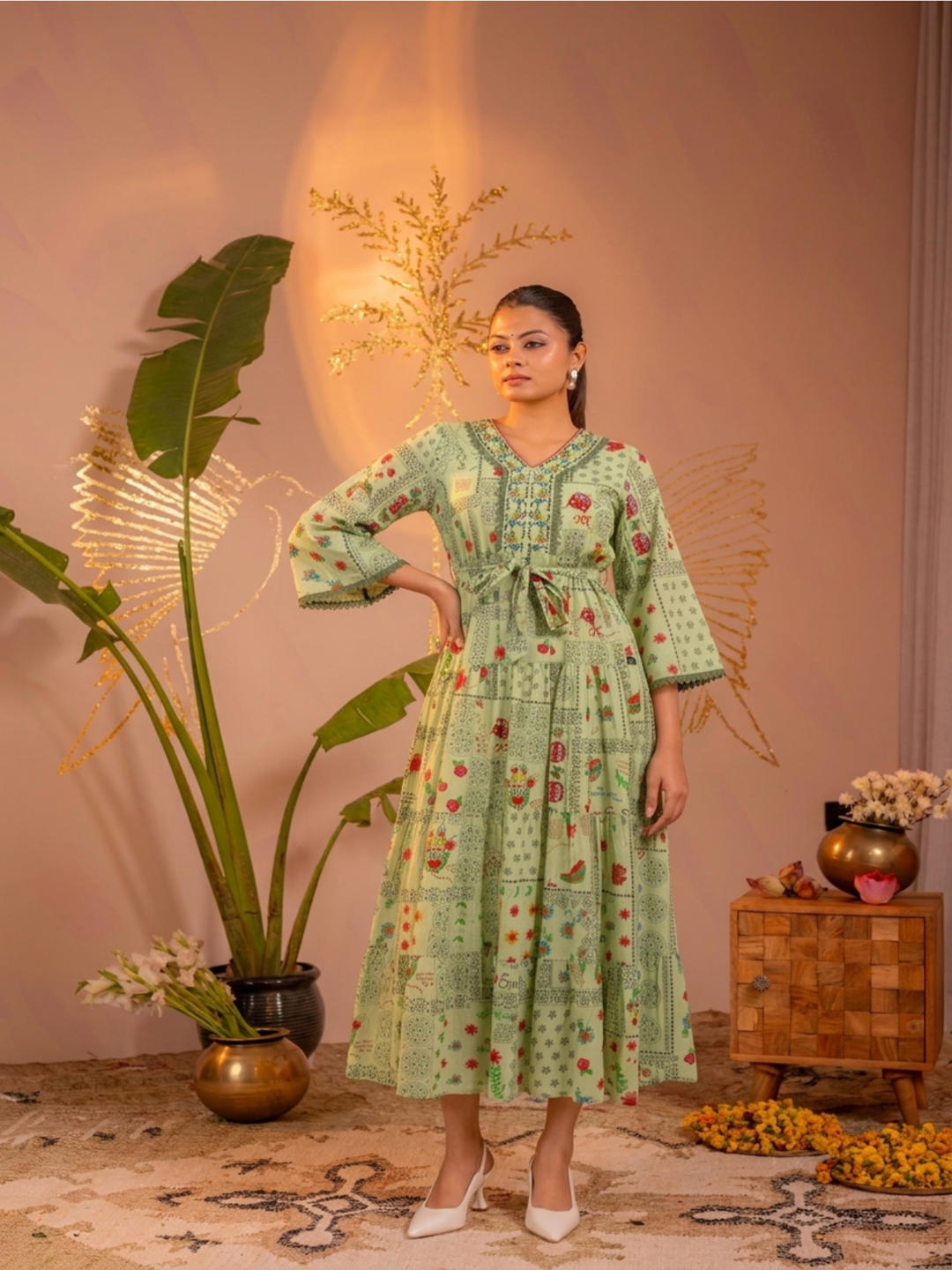 Mint Green Floral Folk Printed Tiered Maxi Dress