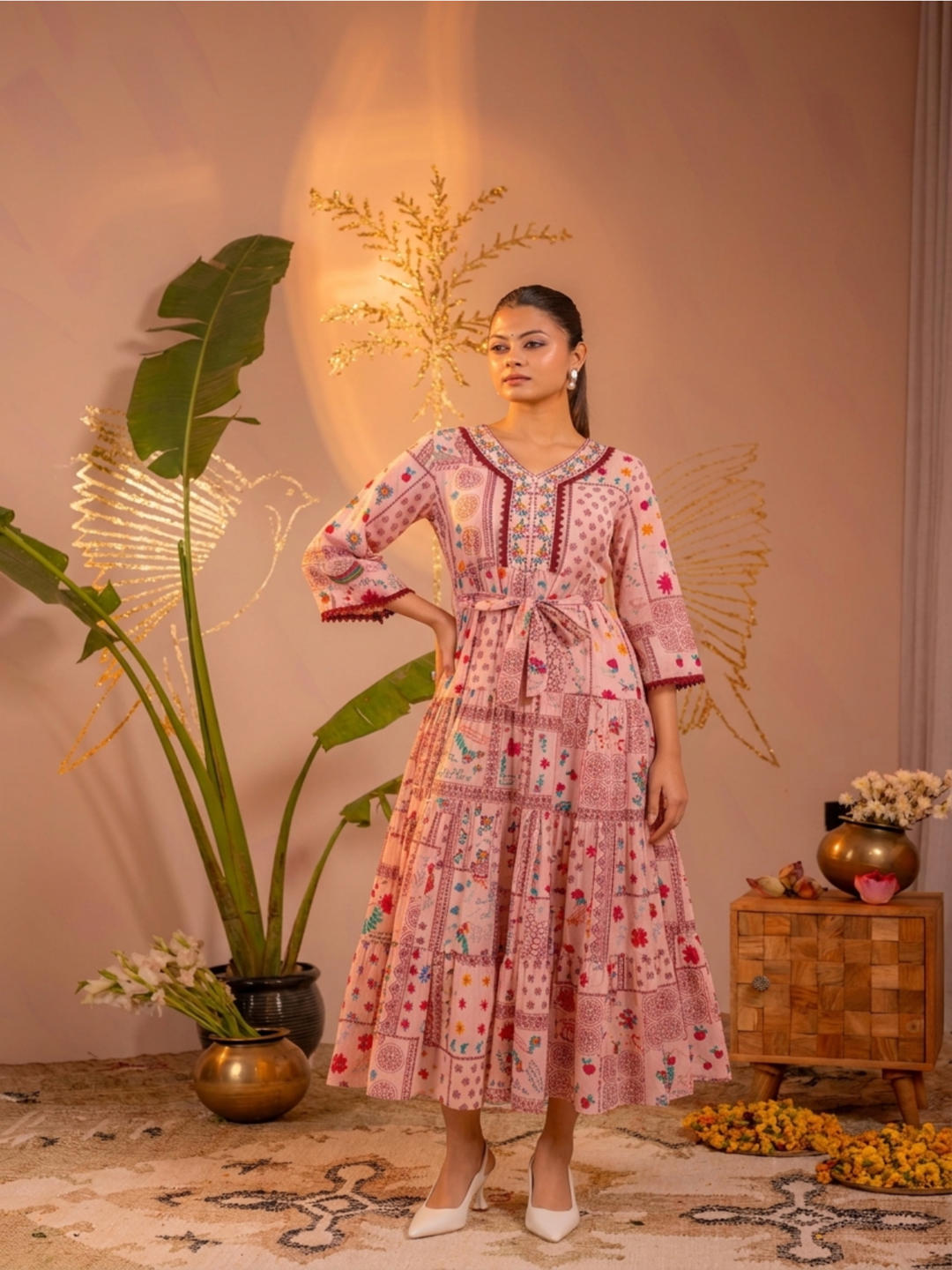 Onion Pink Floral Folk Printed Tiered Maxi Dress
