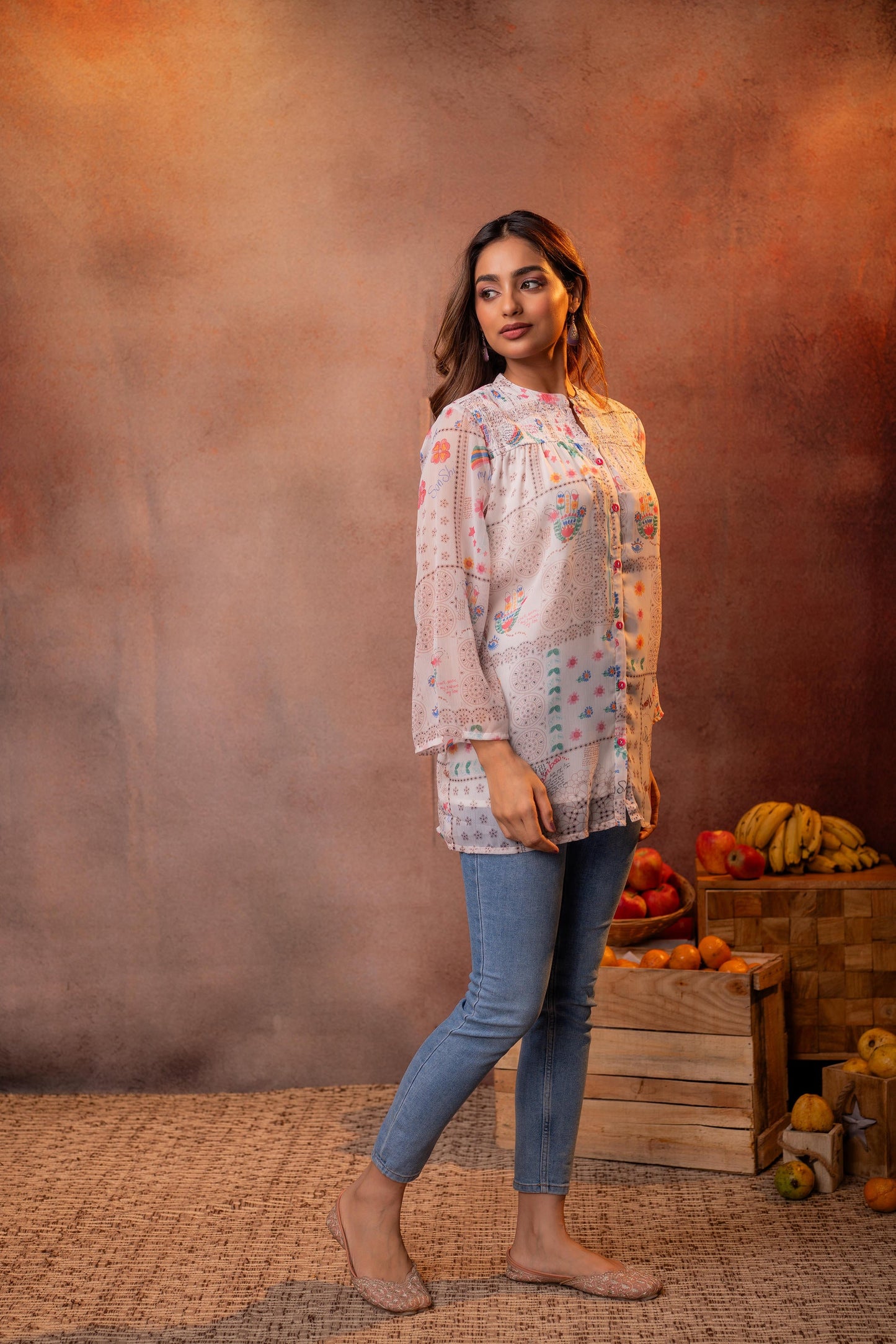 White Patchwork Printed Boho Shirt