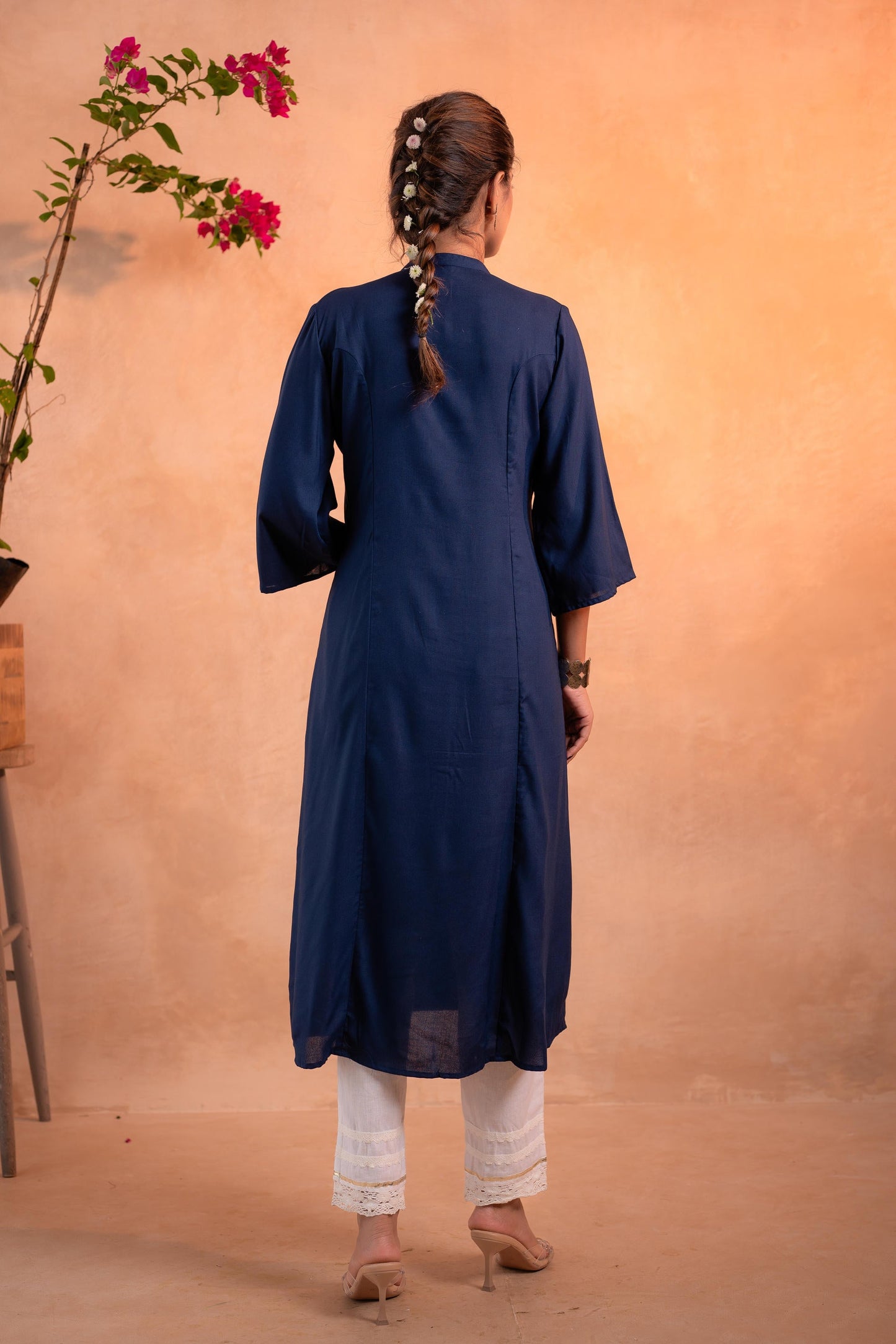 Navy Whisper Motif Embroidered Straight Kurta