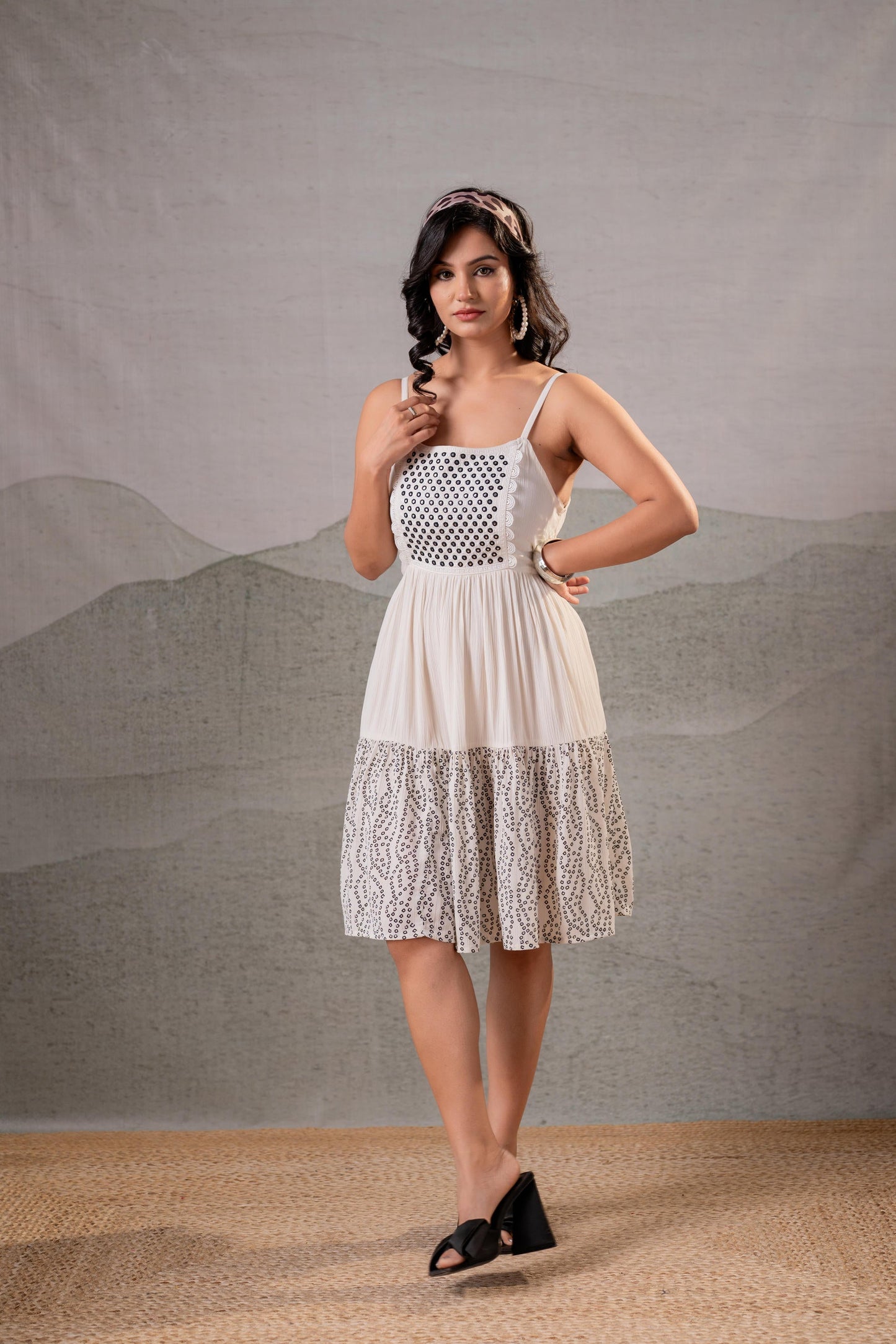 Elegant Black & White Lace Panel Fit & Flare Dress