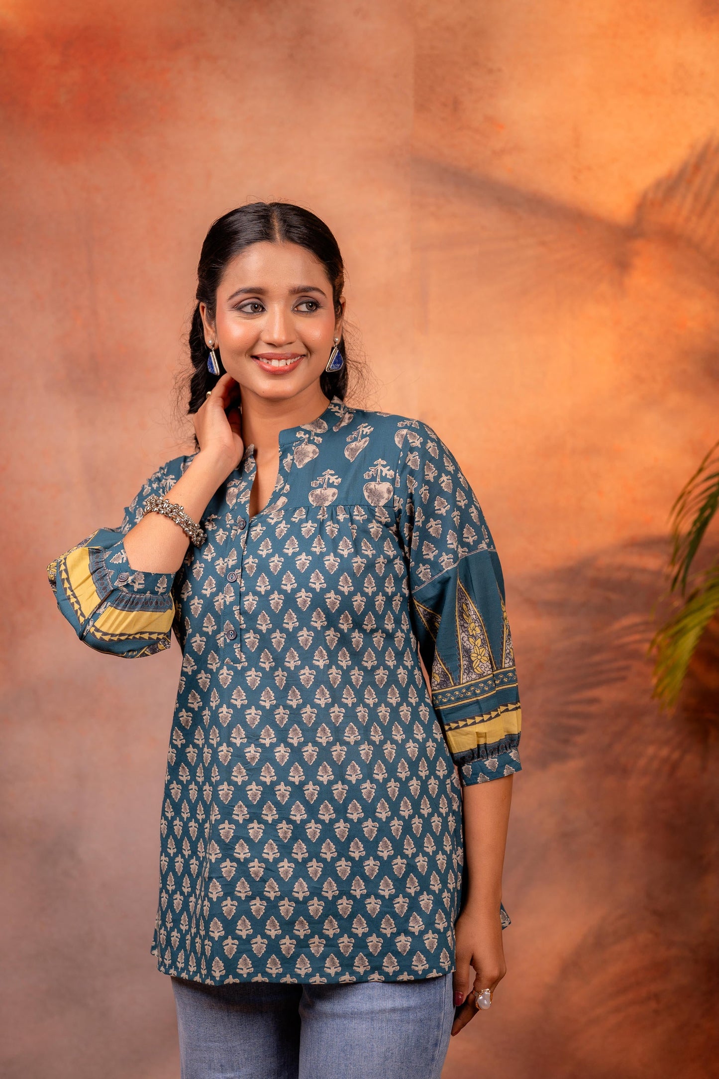 Teal Ethnic Buti Printed Cotton Tunic