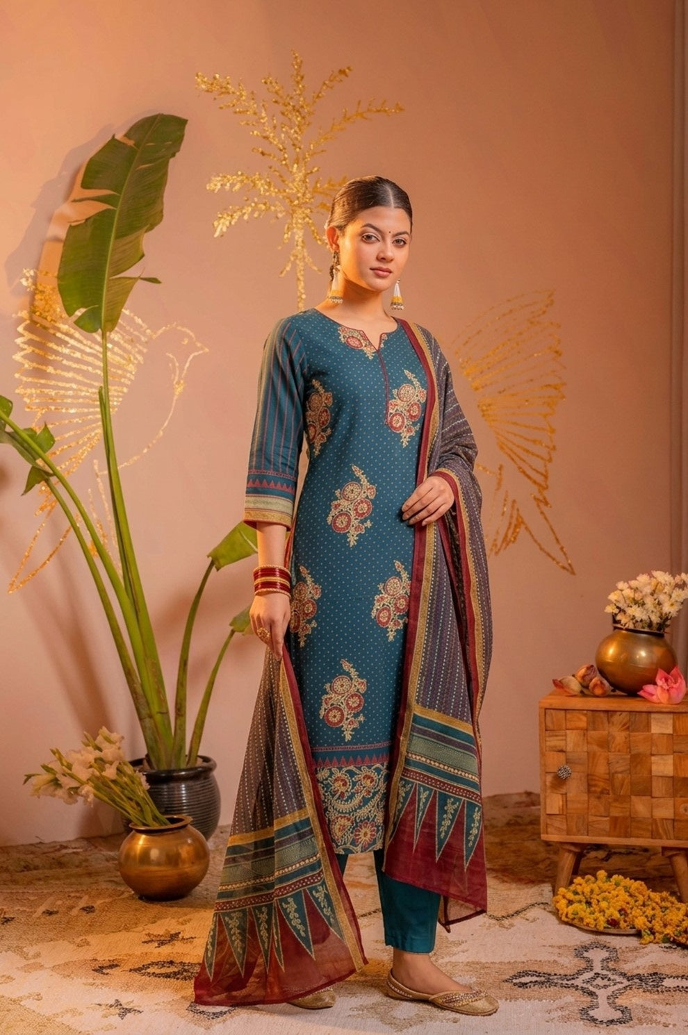 Teal Floral Printed Straight Kurta Set with Striped Dupatta