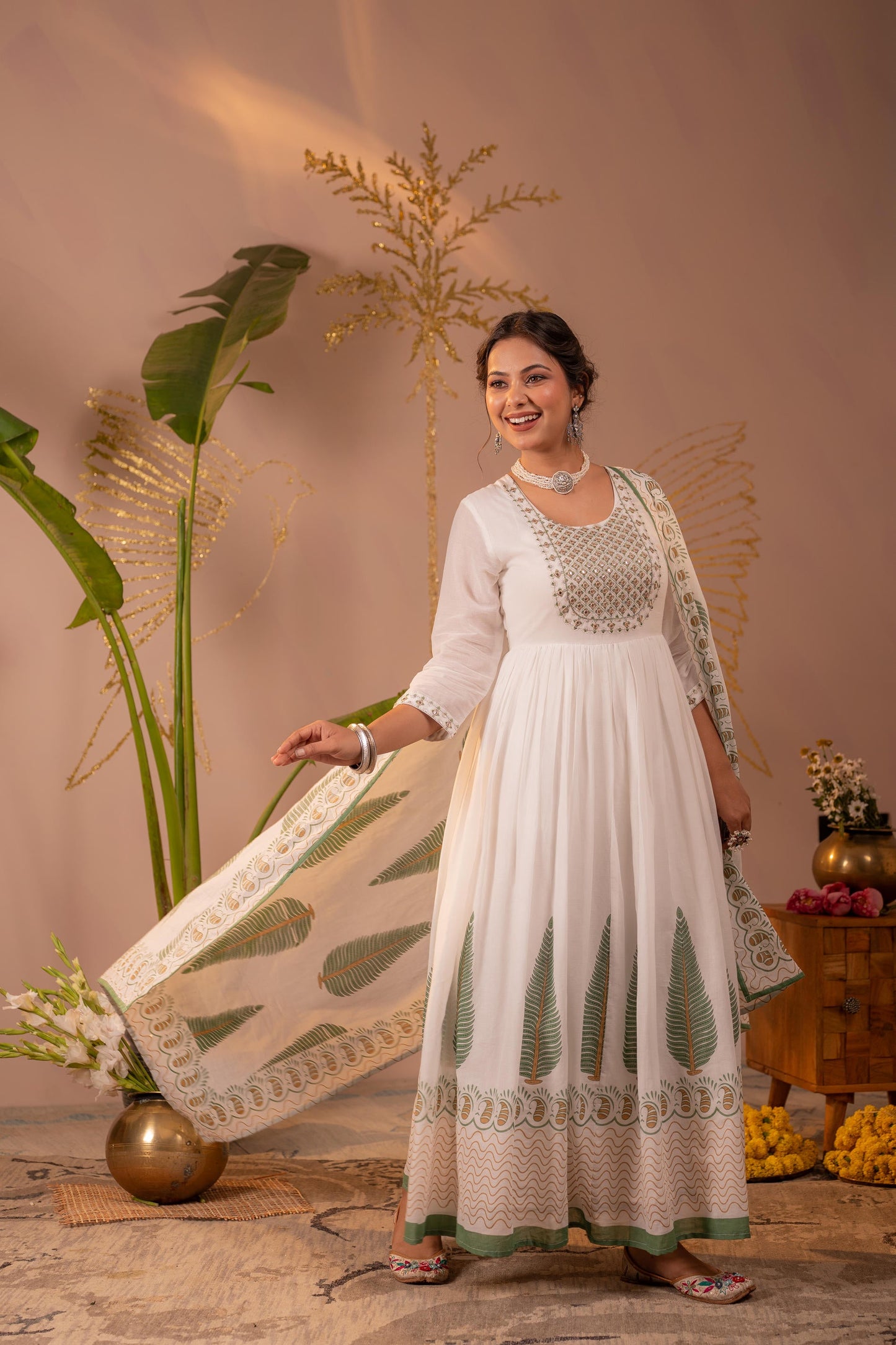 White & Green Leaf Printed Anarkali Dress Set