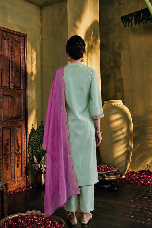 Juniper Women Pistagreen Kurta Pant & Dupatta