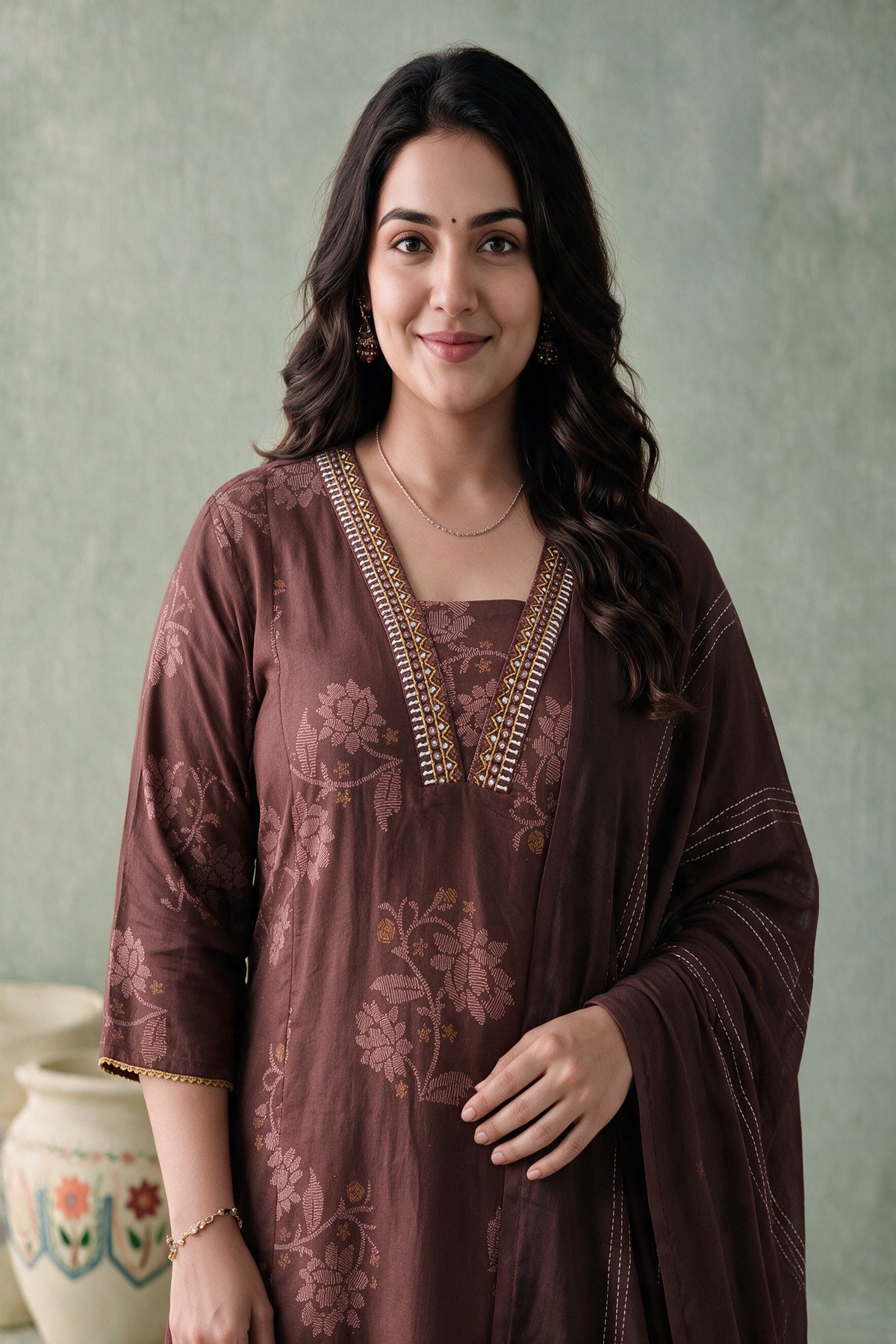 Juniper Women Brown Kurta Pant & Dupatta