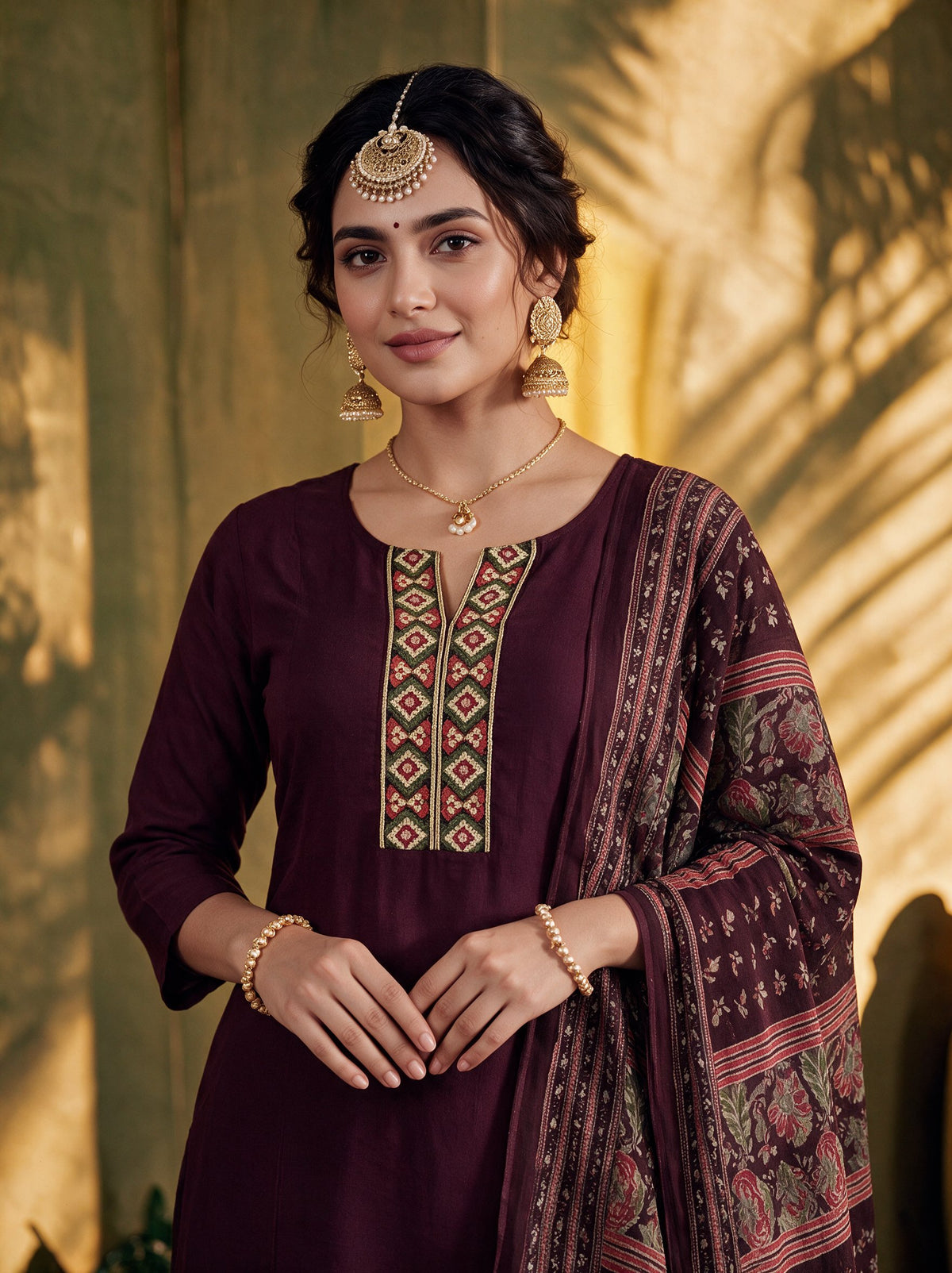 Juniper Women Brown Kurta Pant & Dupatta