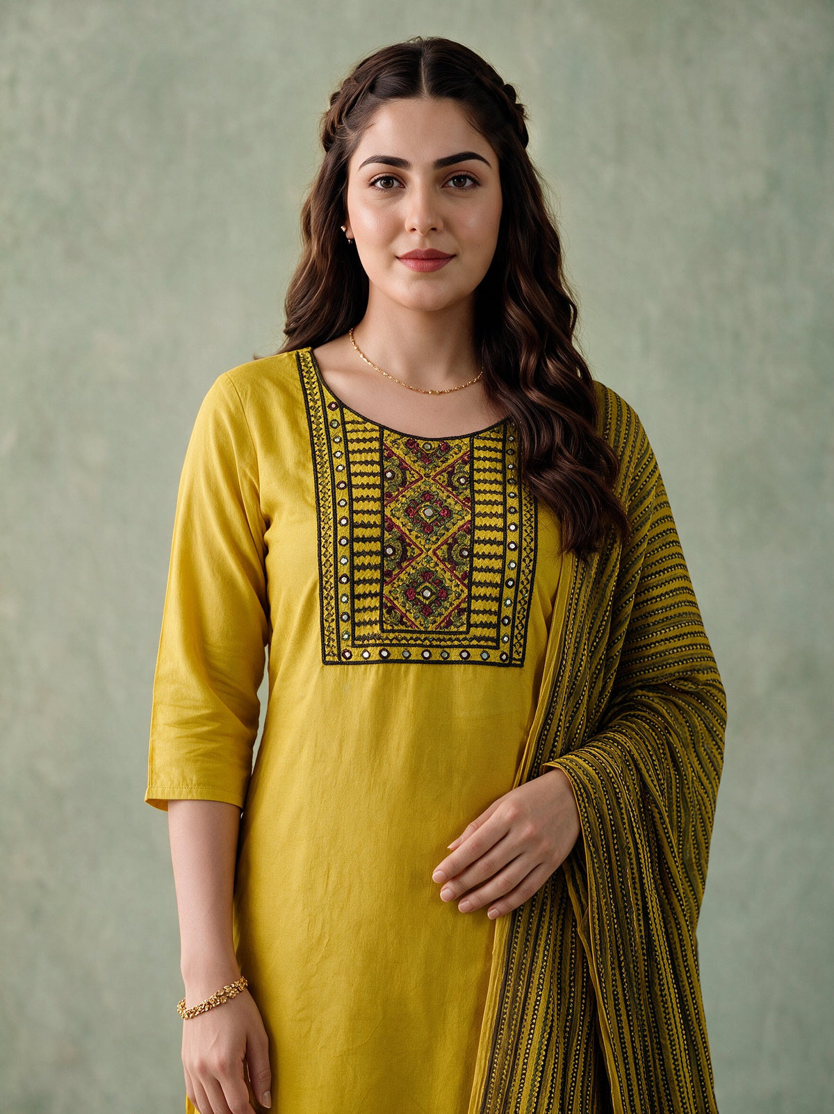 Juniper Women Gold Kurta Pant & Dupatta