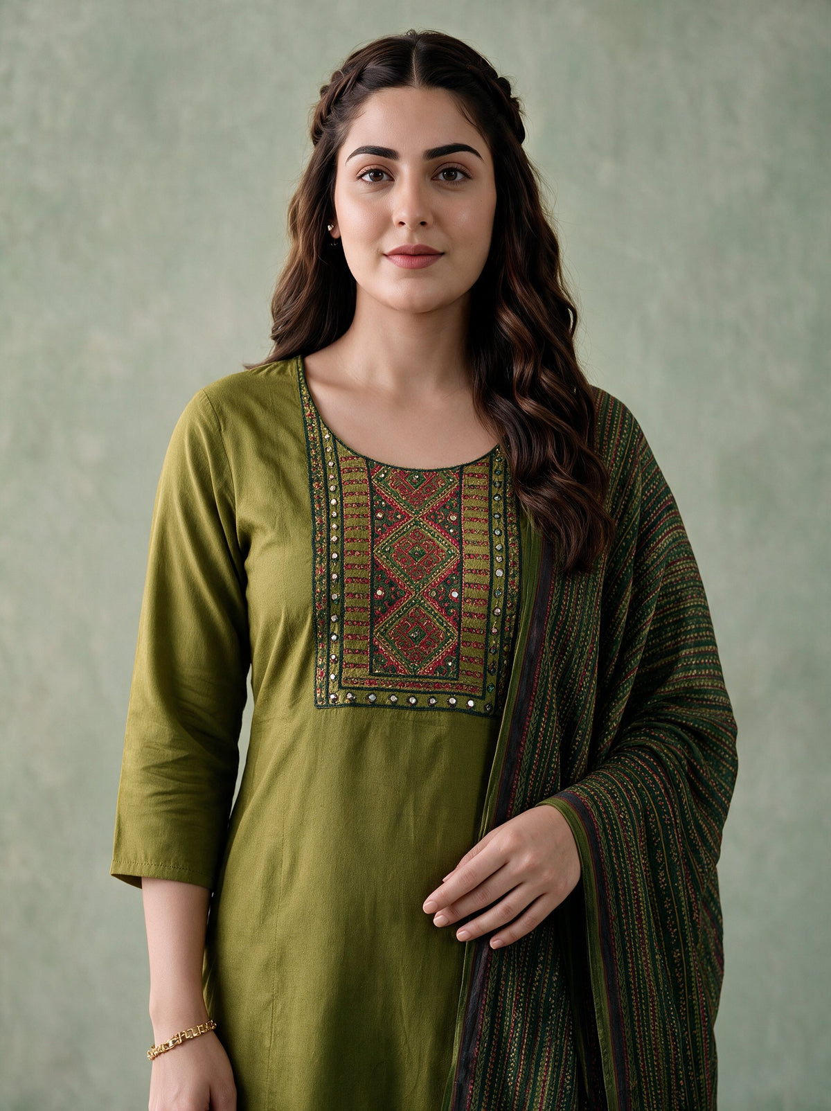 Juniper Women Olive Kurta Pant & Dupatta