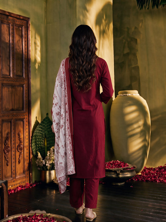 Juniper Women Maroon Kurta Pant & Dupatta