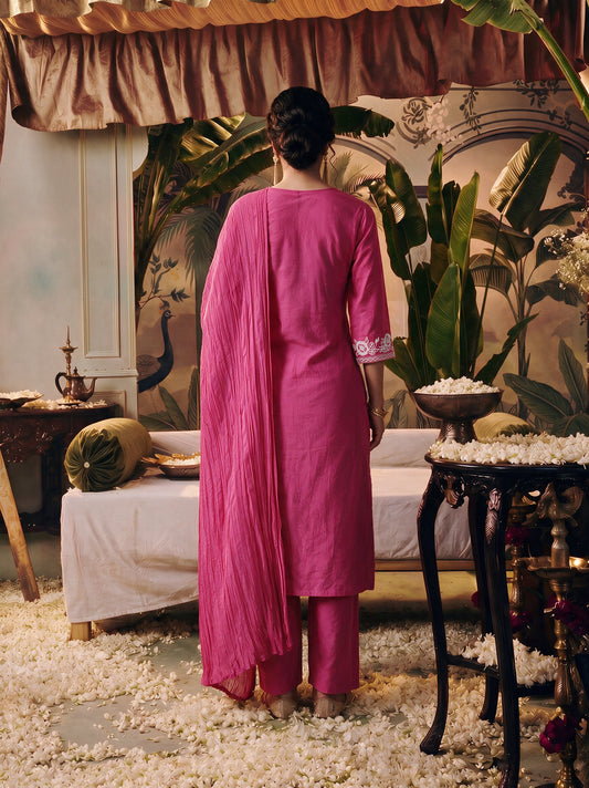 Juniper Women Fuchsia Kurta Pant & Dupatta