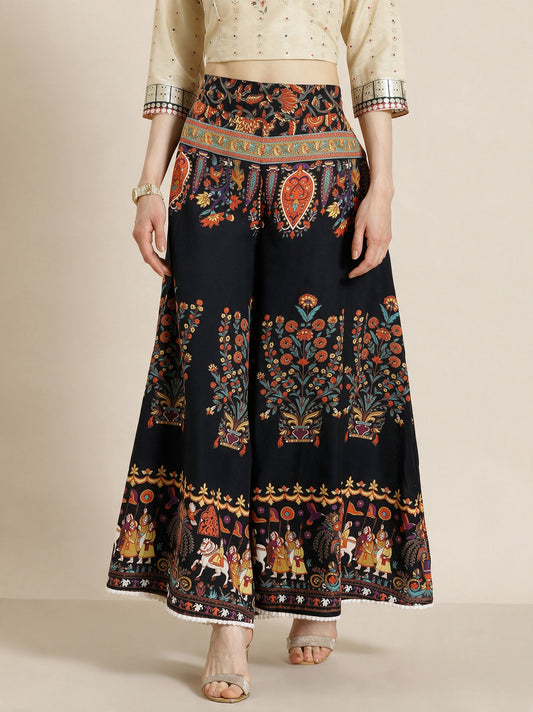 Juniper Women`s Black Cotton Printed Flared Palazzo