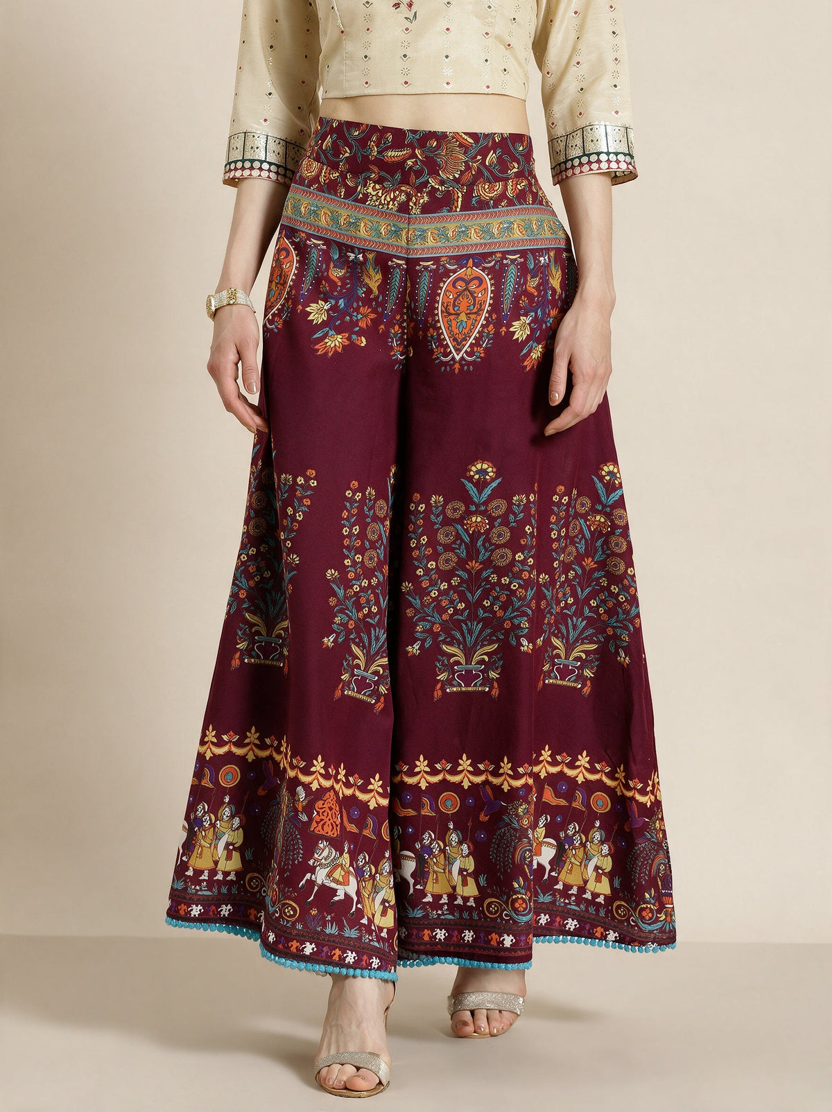 Juniper Women`s Maroon Cotton Printed Flared Palazzo