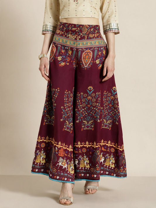 Juniper Women`s Maroon Cotton Printed Flared Palazzo