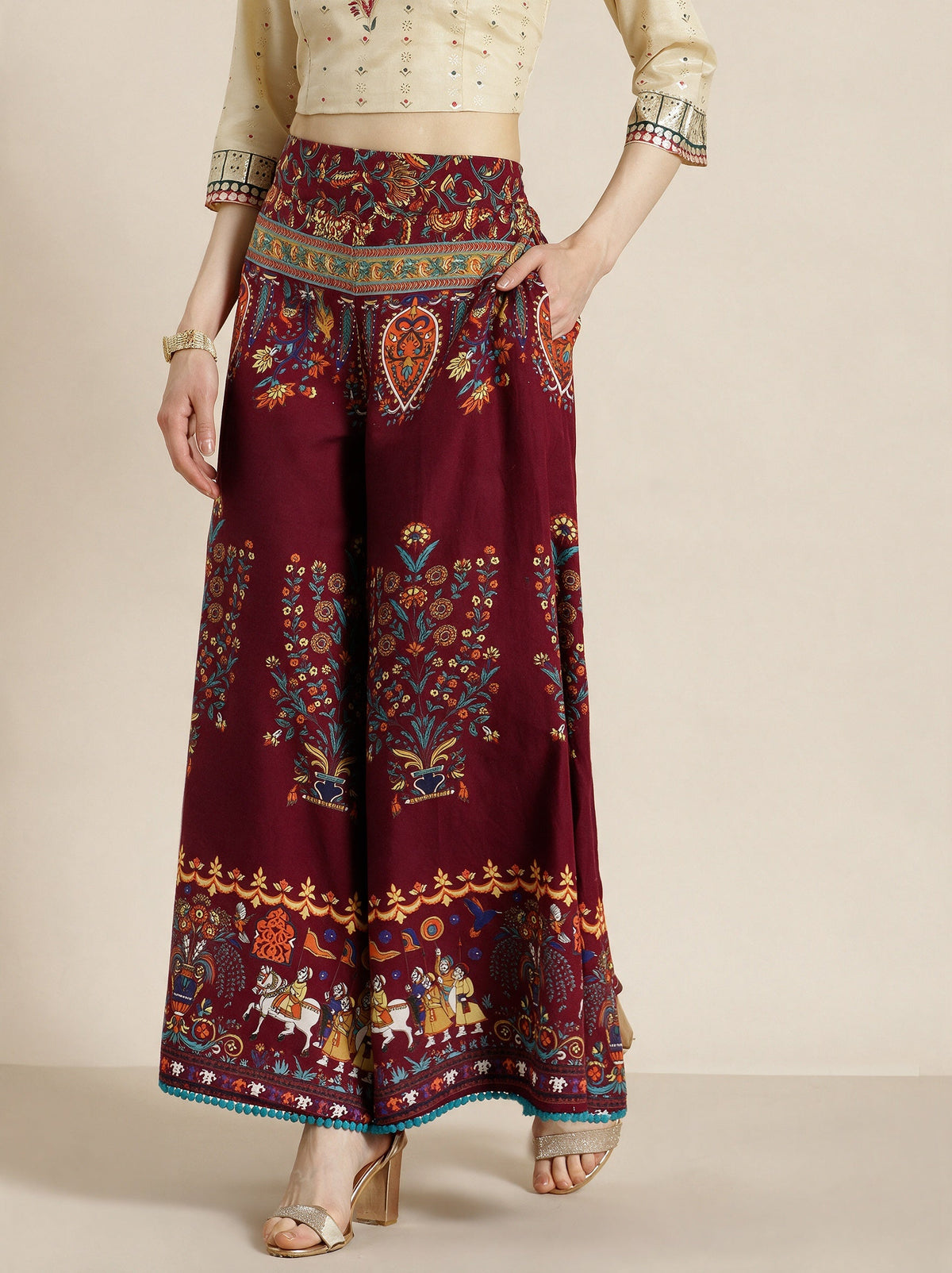 Juniper Women`s Maroon Cotton Printed Flared Palazzo