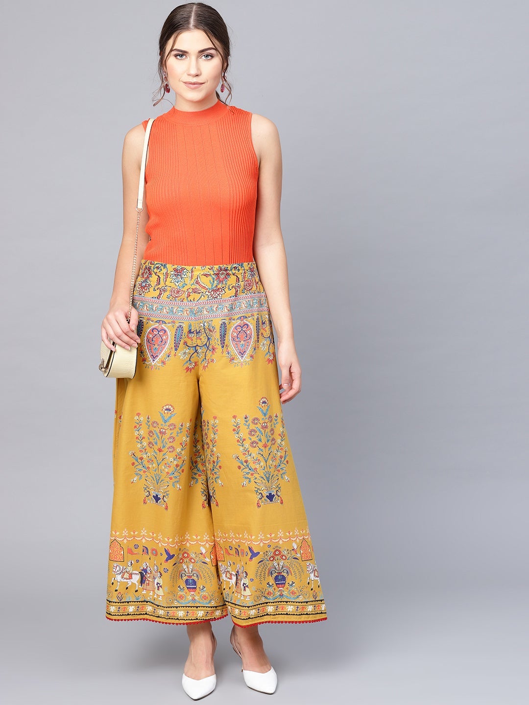 Juniper Mustard Ethnic Motif Printed Flared Cotton Women Palazzo With One Pocket