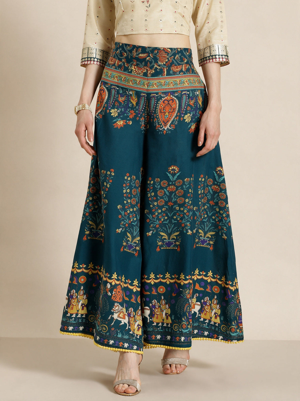Juniper Women`s Teal Cotton Printed Flared Palazzo