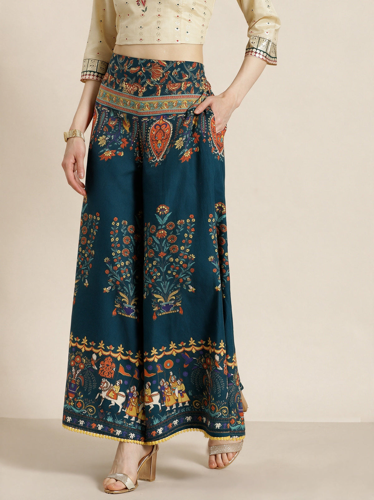 Juniper Women`s Teal Cotton Printed Flared Palazzo
