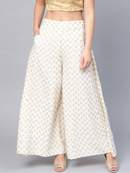Juniper White Ethnic Motif Printed Rayon Flared Women Palazzo With One Pocket