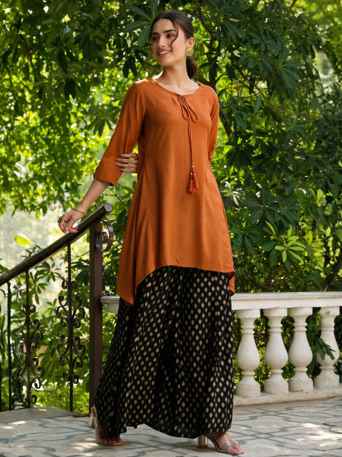 Rust Solid Rayon Slub Asymmetric Women Kurta With Tie-ups