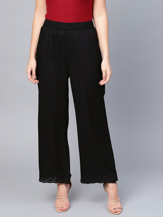 Juniper Black Solid Rayon Wide Leg Women Palazzo With One Pocket 