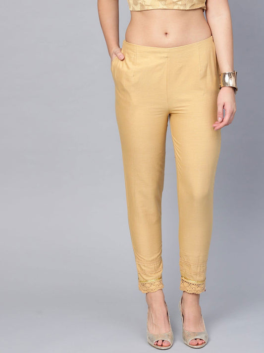 Juniper Gold Solid Cotton Flex Slim Fit Women Pants With One Pocket 