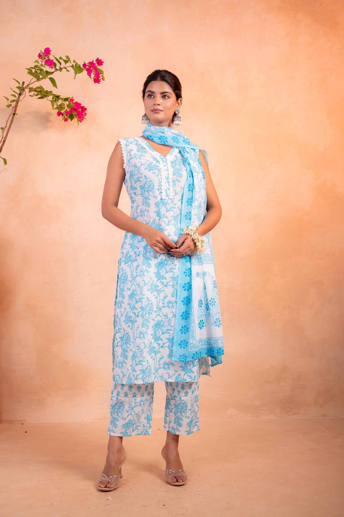 Sky Blue Whisper Floral Kurta Pant And Dupatta Set