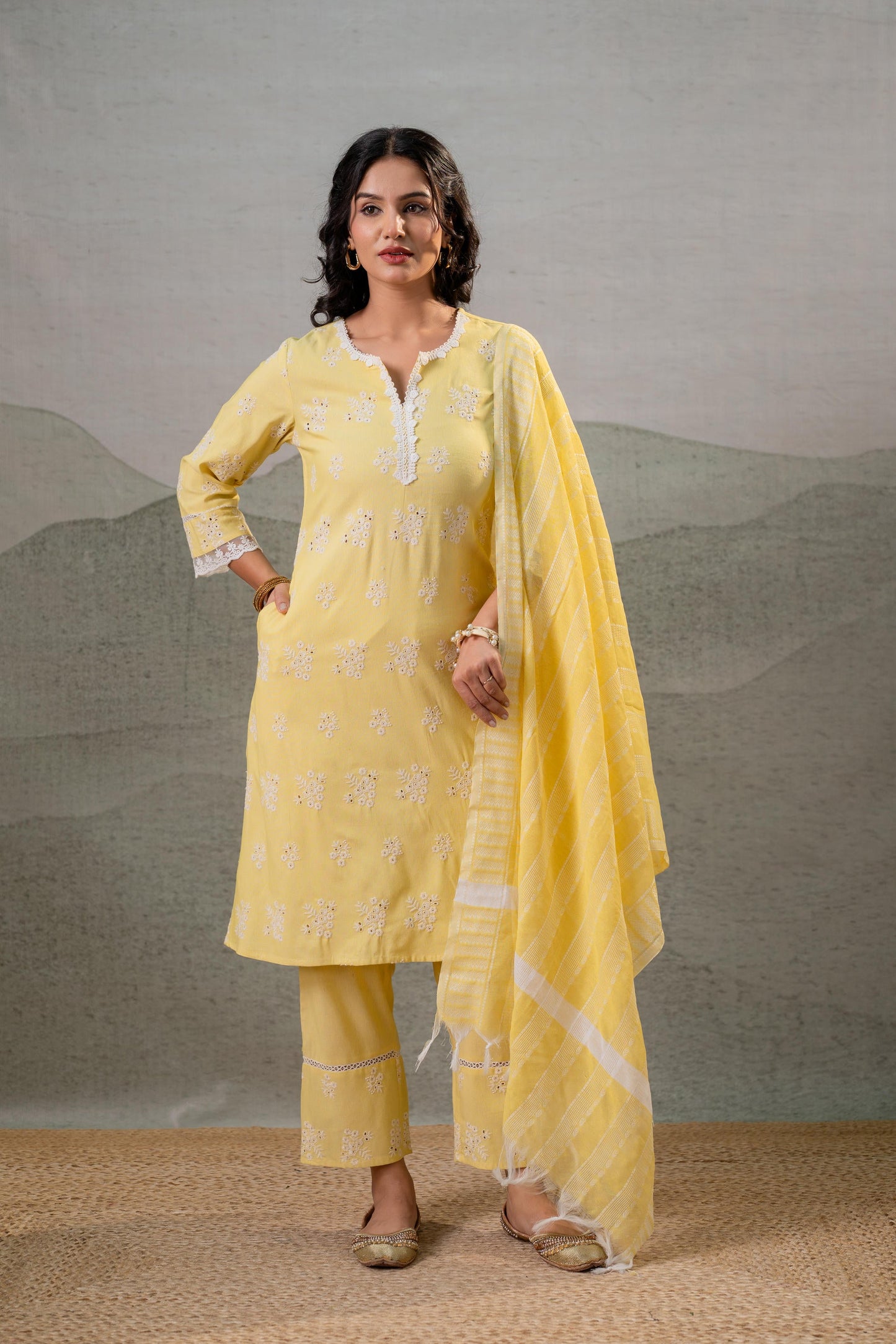 Sunlit Yellow Embroidered Kurta Set with Striped Dupatta