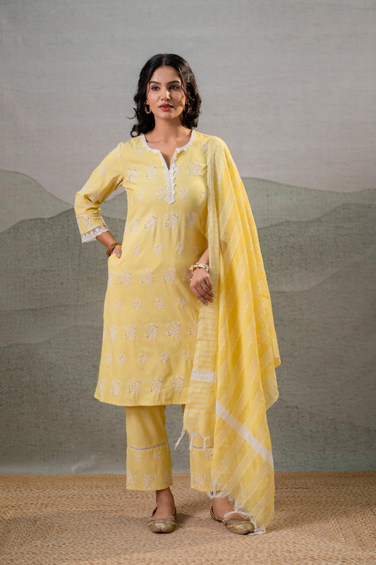 Sunlit Yellow Embroidered Kurta Set with Striped Dupatta