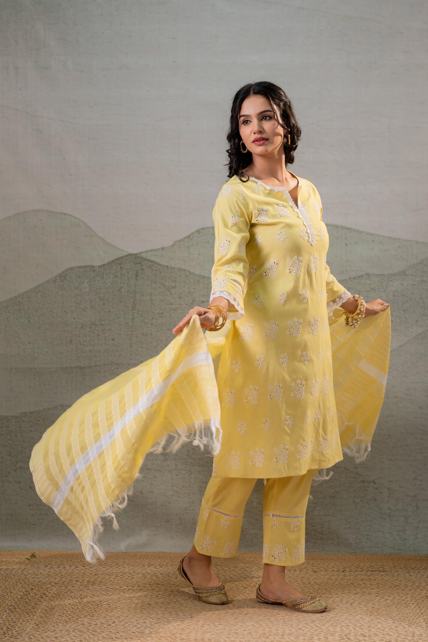 Sunlit Yellow Embroidered Kurta Set with Striped Dupatta