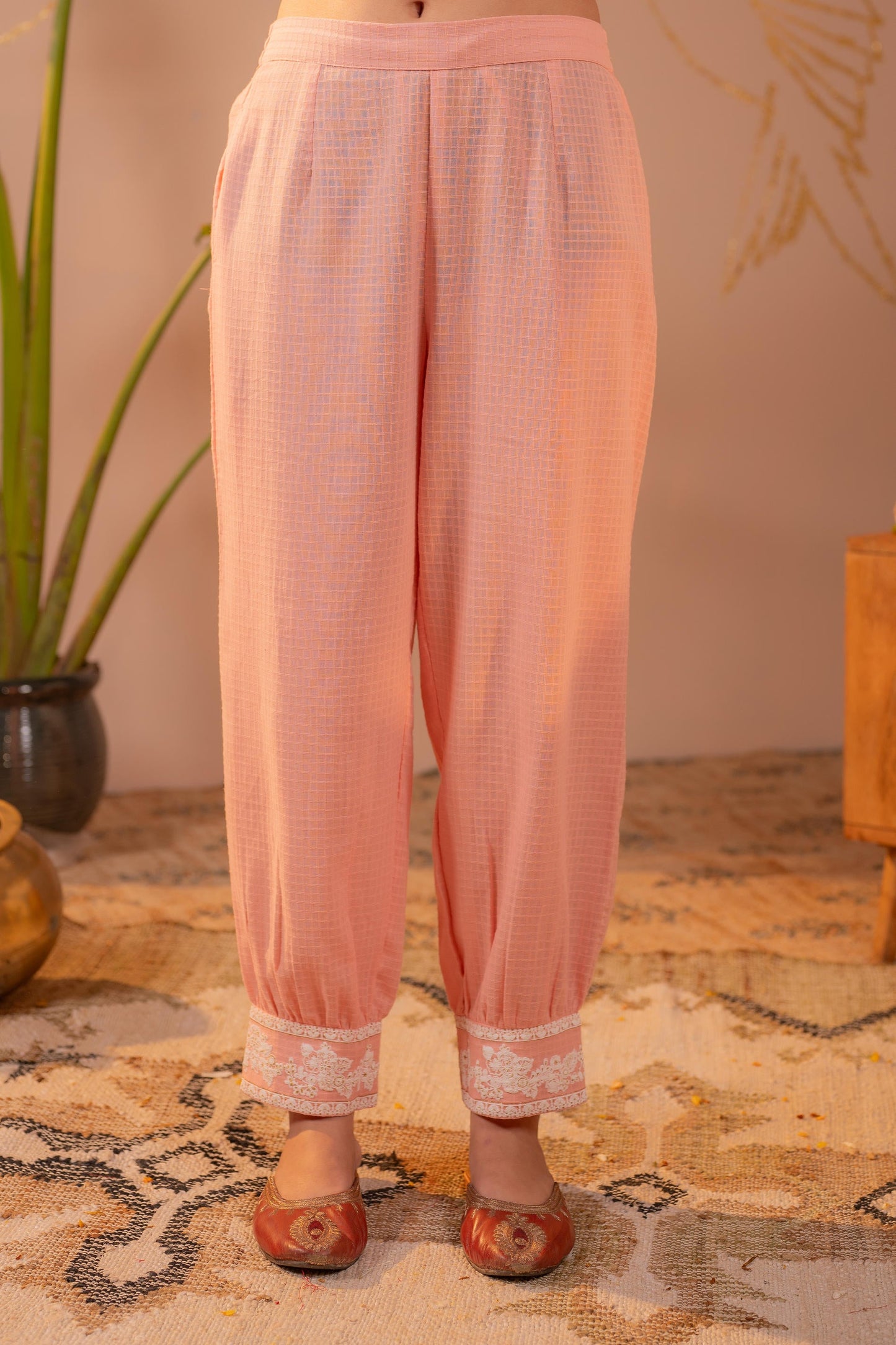 Peach Blossom Embroidered Kurta Set with Sheer Striped Dupatta
